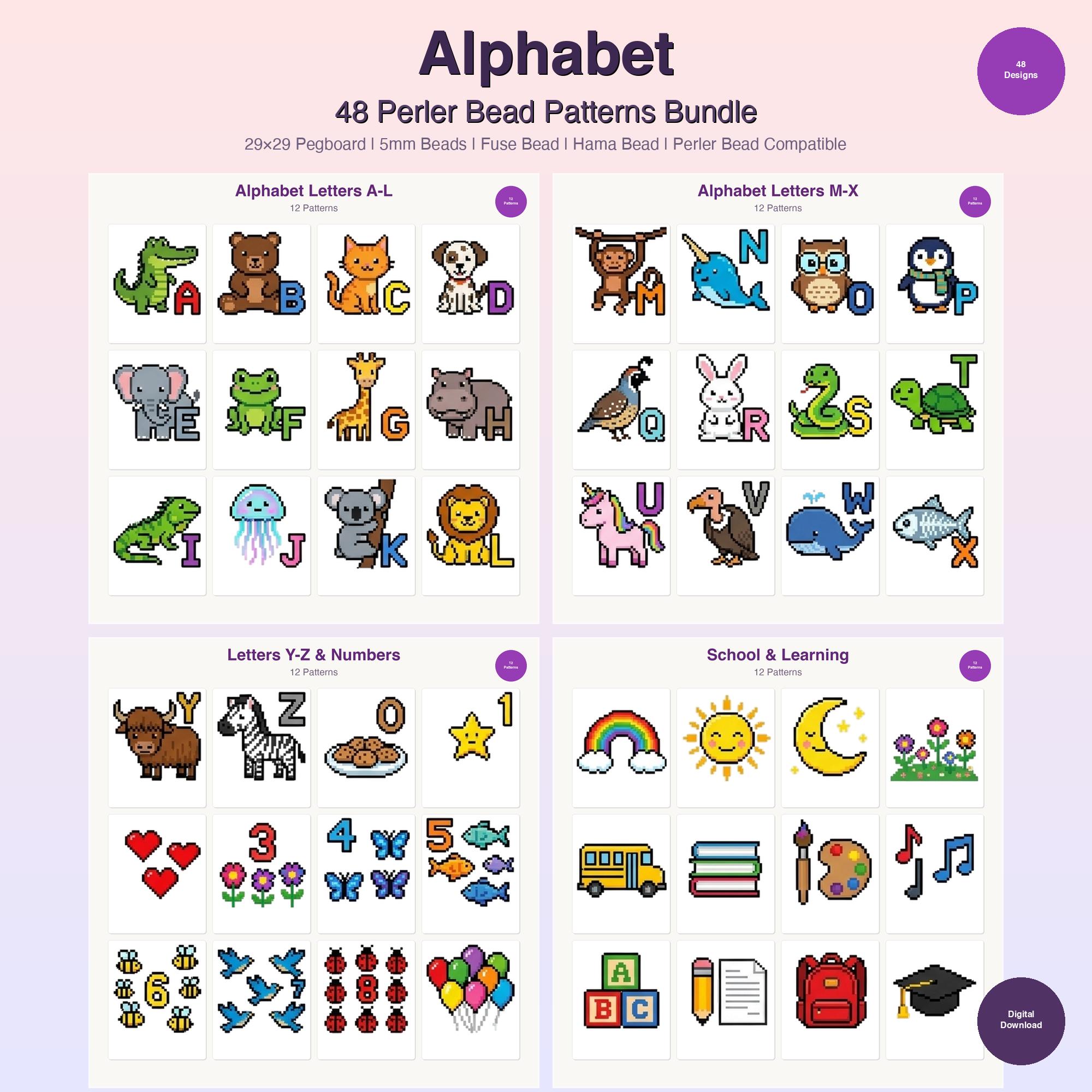 Alphabet Perler Bead Patterns Bundle, 48 Designs (PDF Digital Download)
