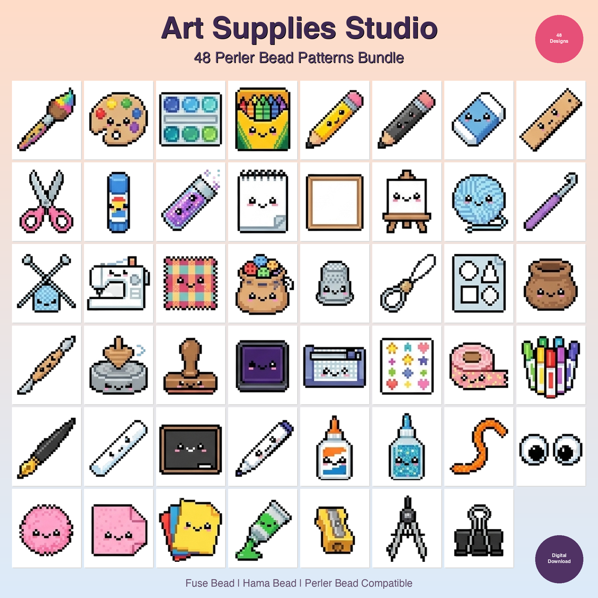 Art Supplies Studio Perler Bead Patterns Bundle, 48 Designs (PDF Digital Download)