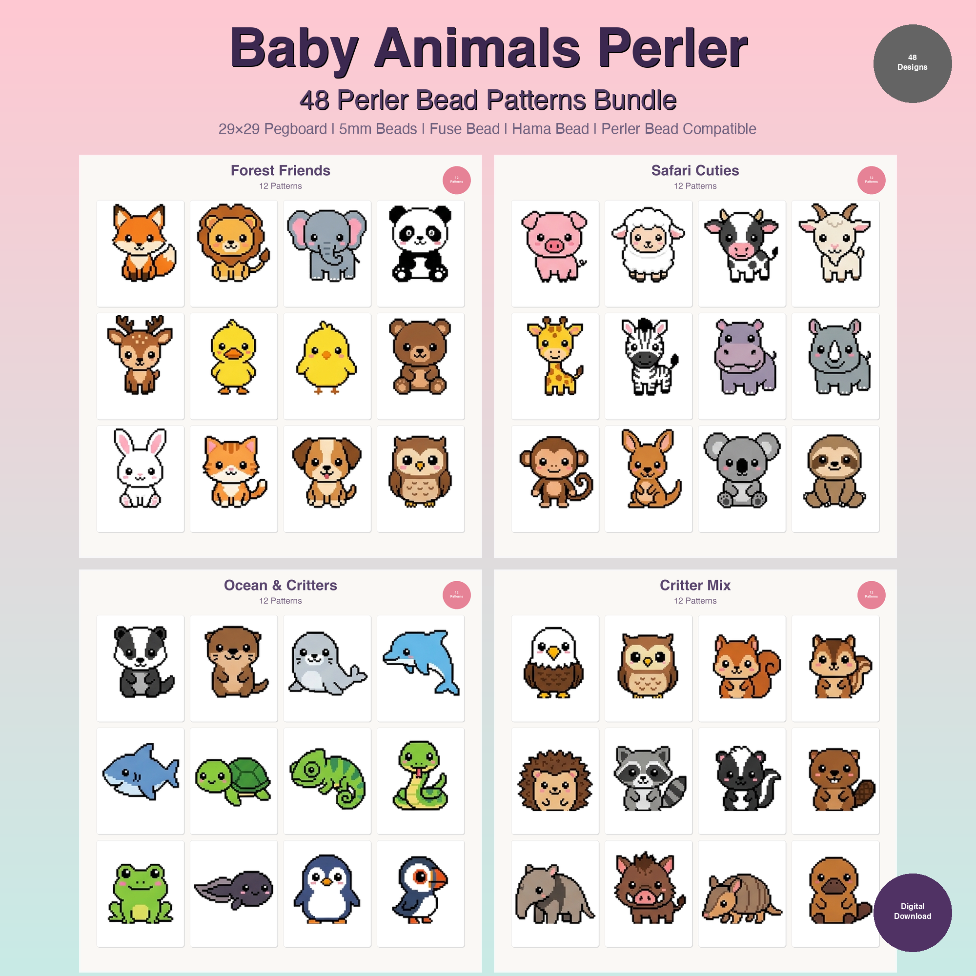 48 Baby Animals Perler Perler Bead Patterns Bundle (PDF Digital Download)