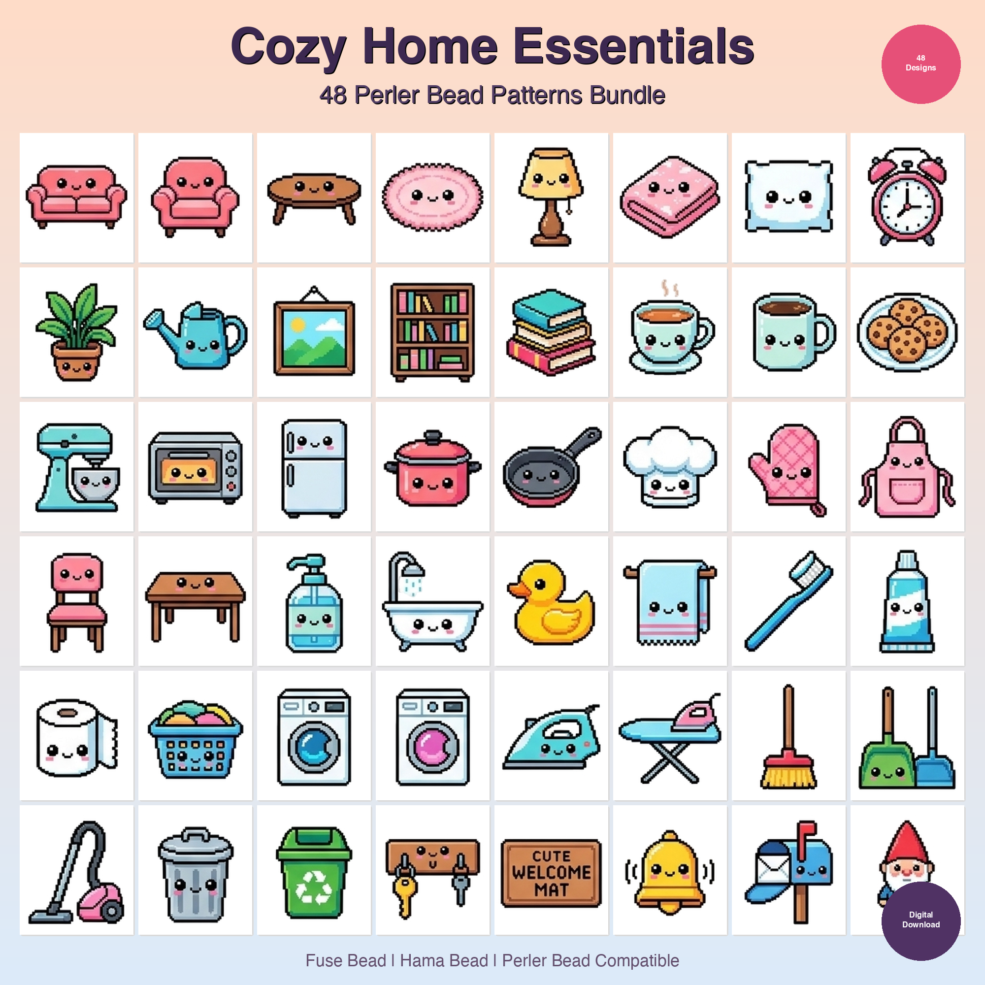 Cozy Home Essentials Perler Bead Patterns Bundle, 48 Designs (PDF Digital Download)