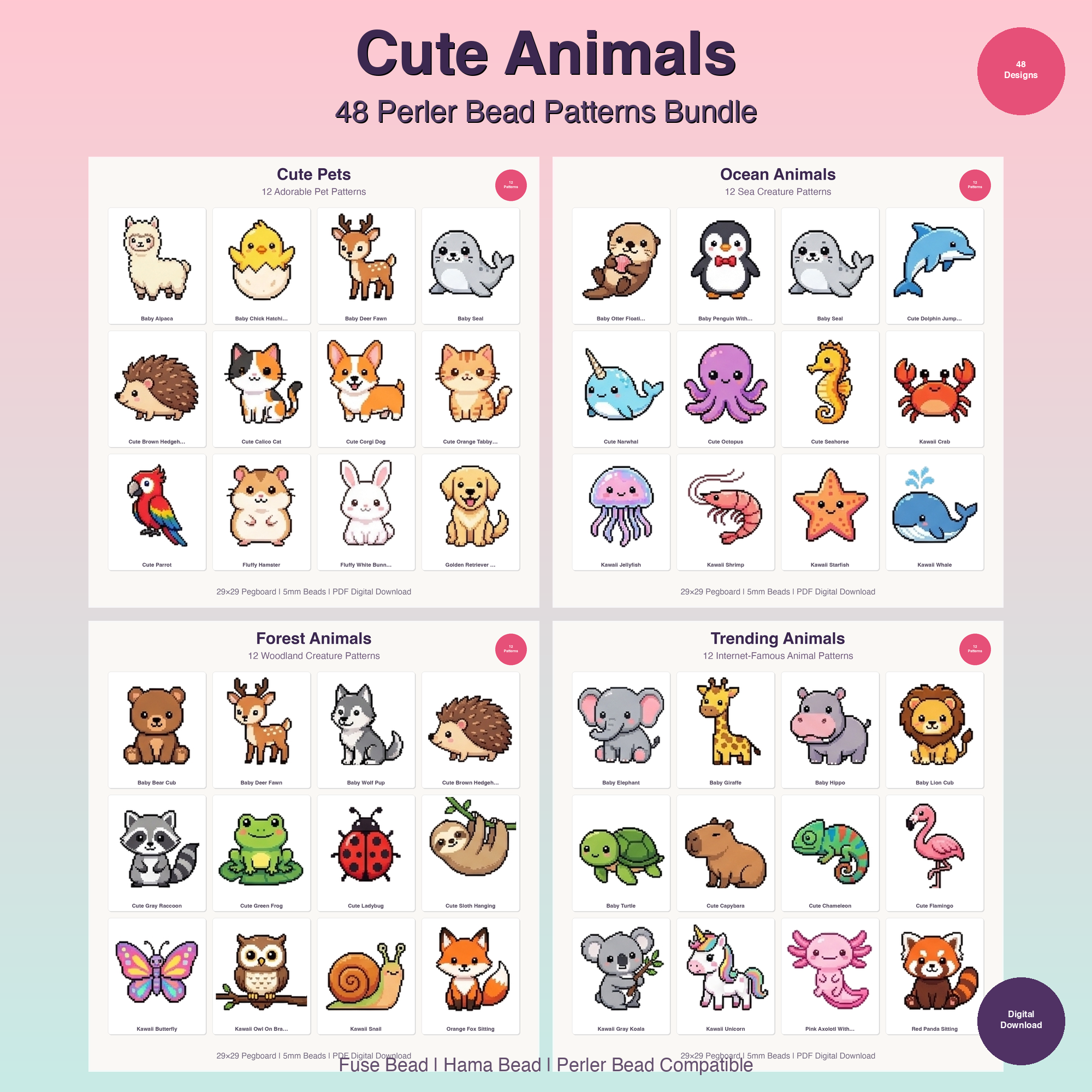 48 Cute Kawaii Animal Perler Bead Patterns Bundle | Fuse Bead Hama Templates | PDF Digital Download