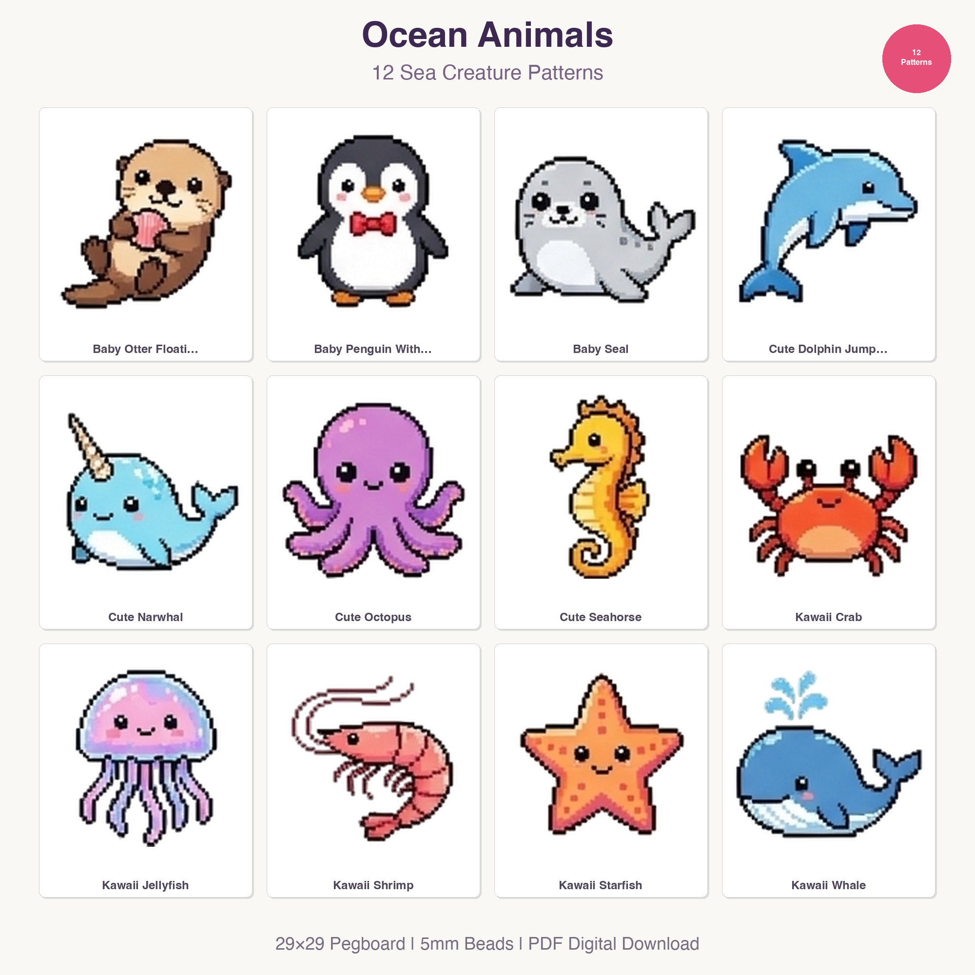 48 Cute Kawaii Animal Perler Bead Patterns Bundle | Fuse Bead Hama Templates | PDF Digital Download