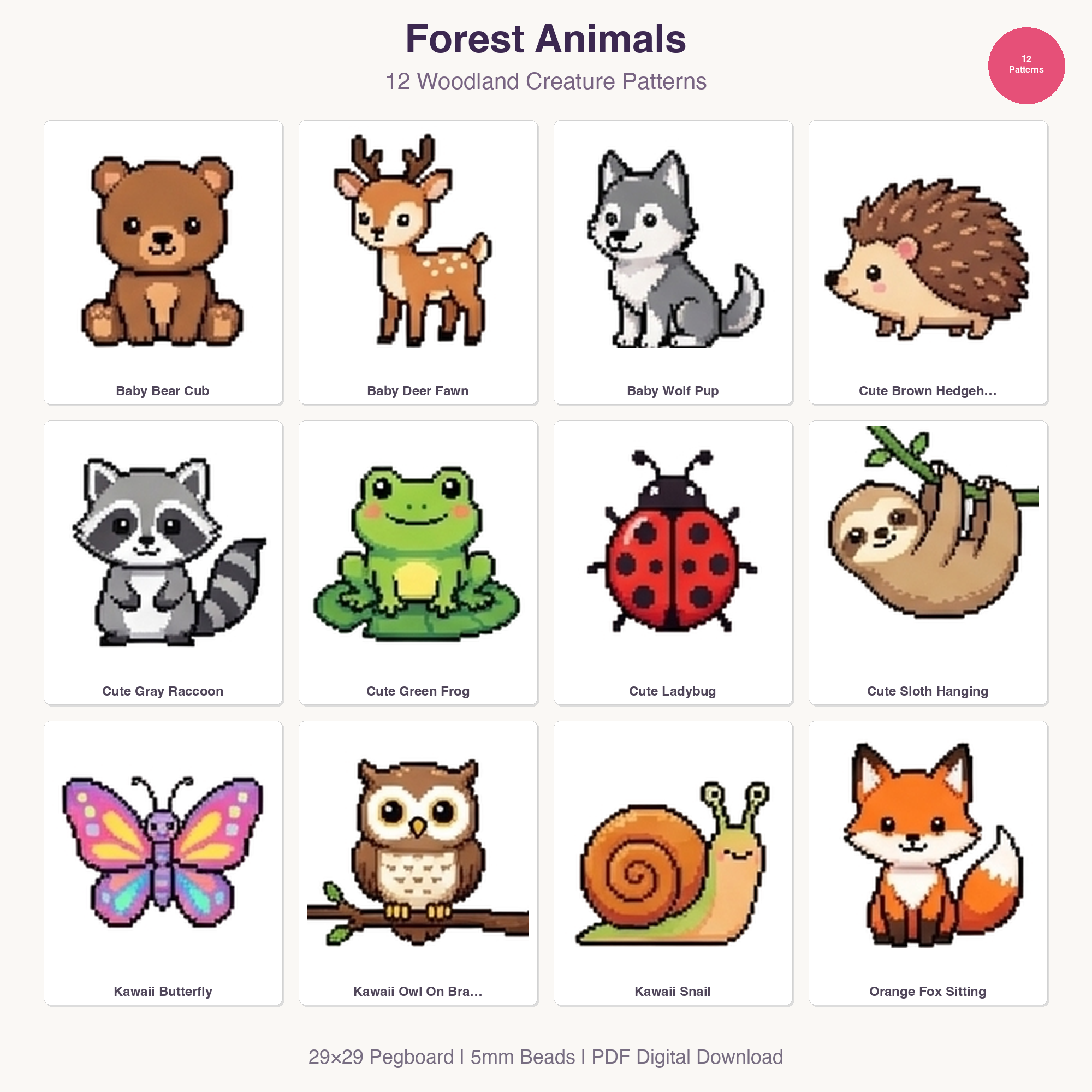 48 Cute Kawaii Animal Perler Bead Patterns Bundle | Fuse Bead Hama Templates | PDF Digital Download