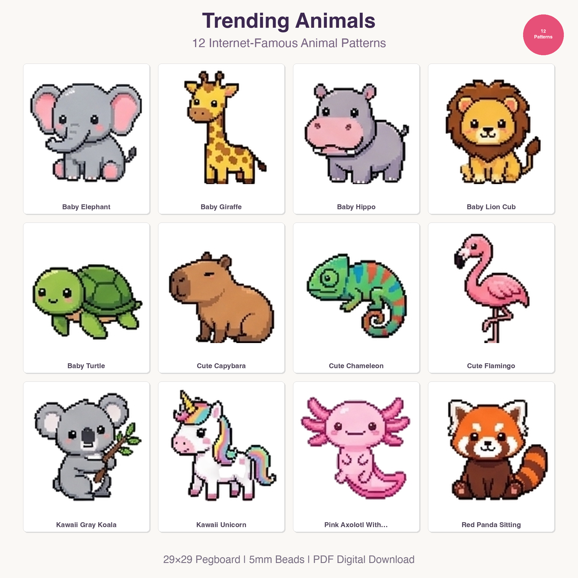 48 Cute Kawaii Animal Perler Bead Patterns Bundle | Fuse Bead Hama Templates | PDF Digital Download