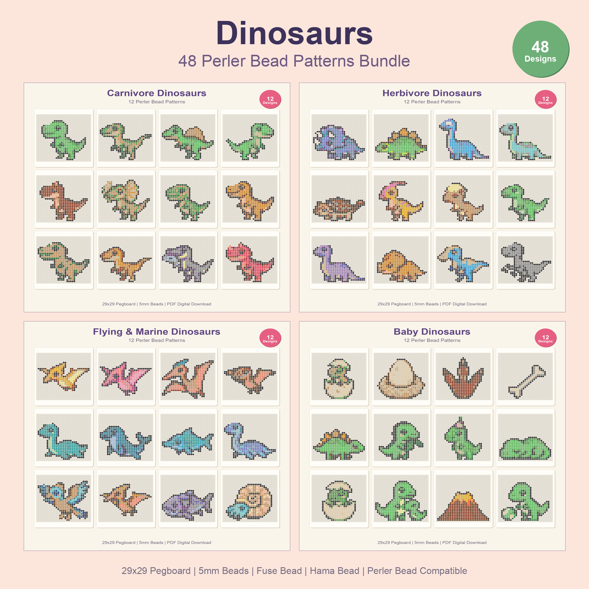 Dinosaur Perler Bead Patterns Bundle, 48 Designs (PDF Digital Download)