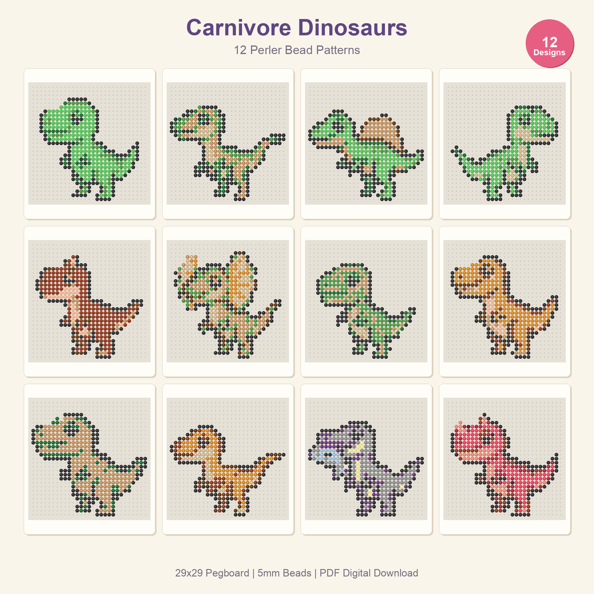 Dinosaur Perler Bead Patterns Bundle, 48 Designs (PDF Digital Download)