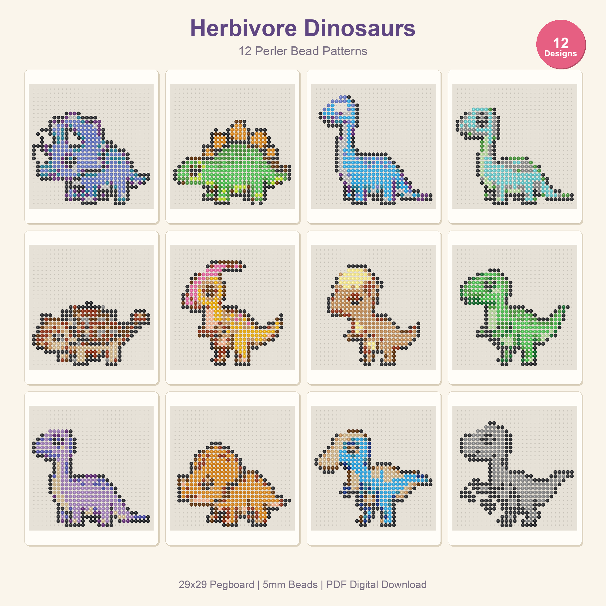 Dinosaur Perler Bead Patterns Bundle, 48 Designs (PDF Digital Download)