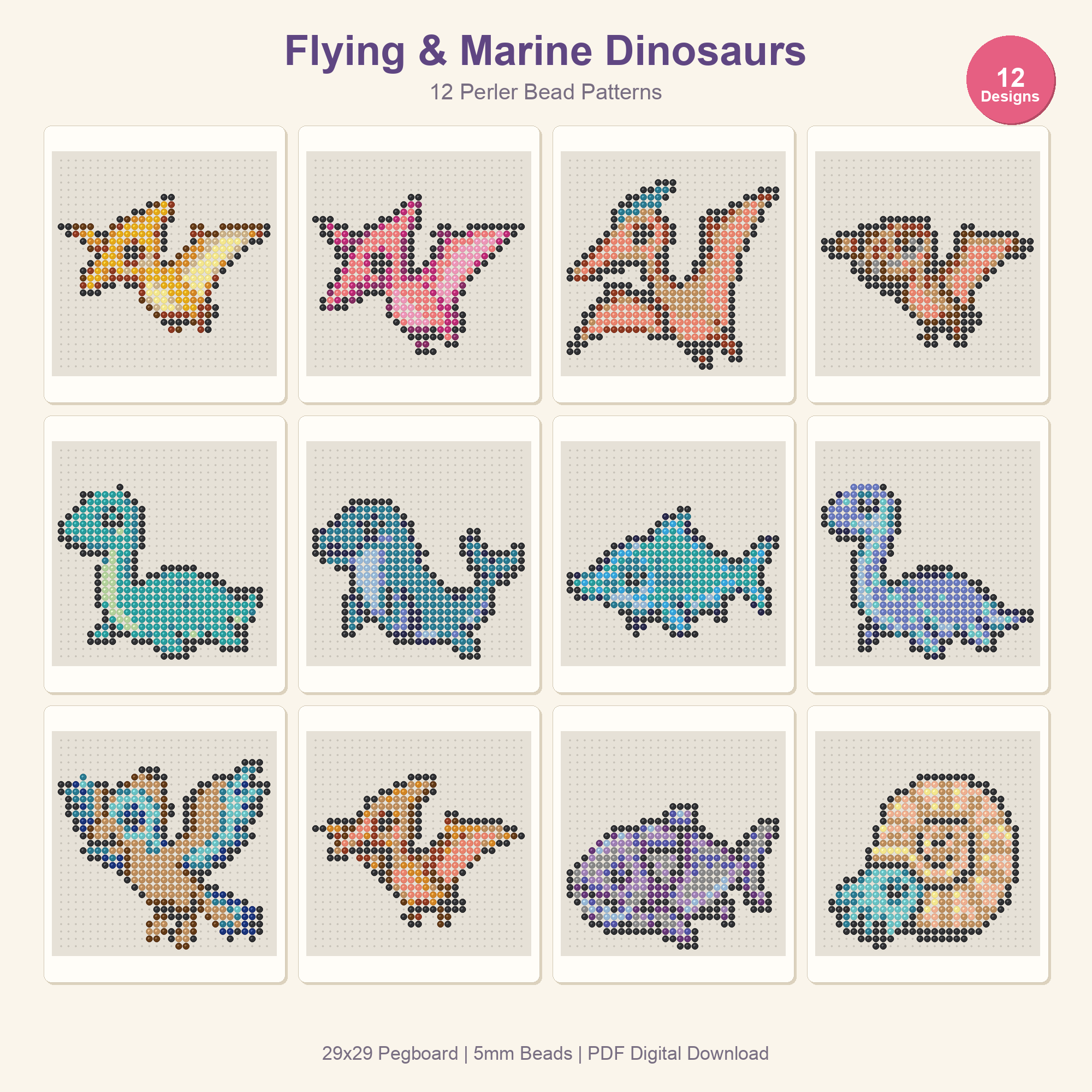 Dinosaur Perler Bead Patterns Bundle, 48 Designs (PDF Digital Download)