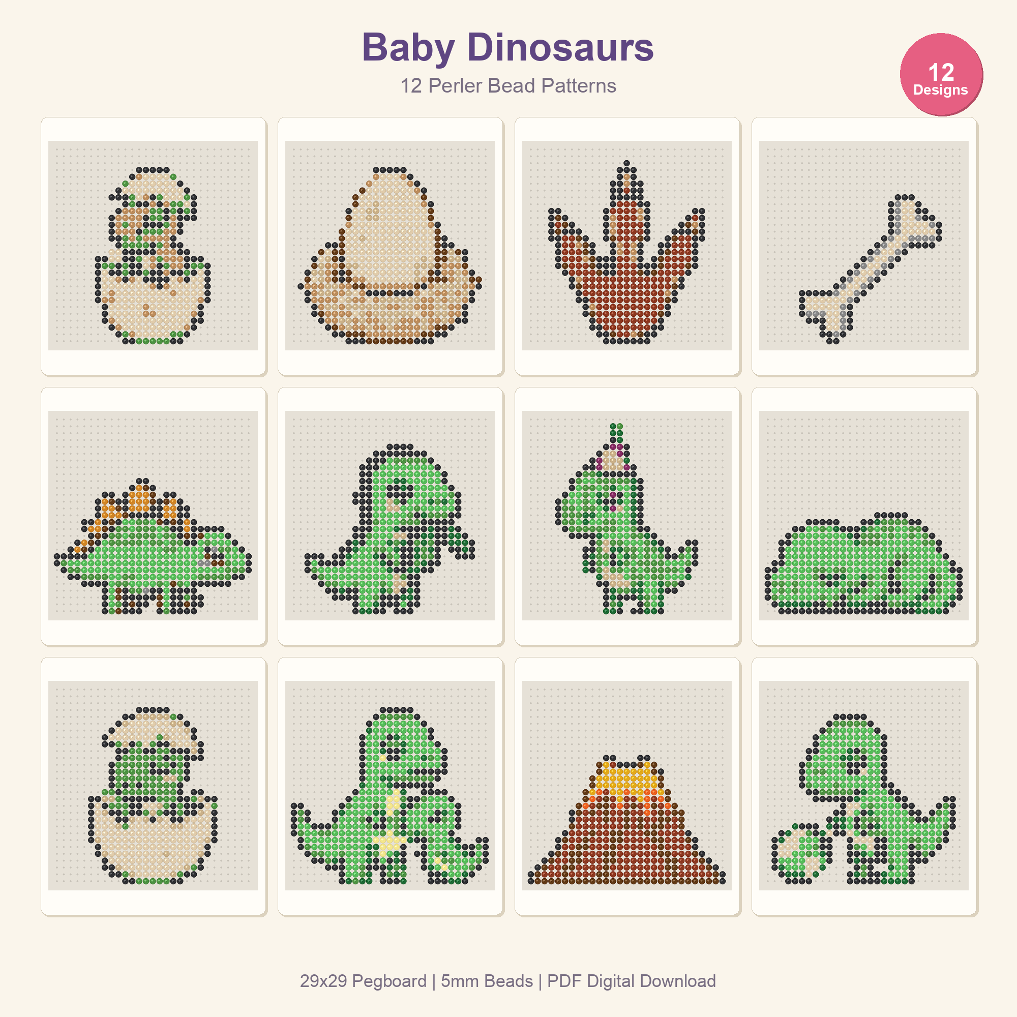 Dinosaur Perler Bead Patterns Bundle, 48 Designs (PDF Digital Download)