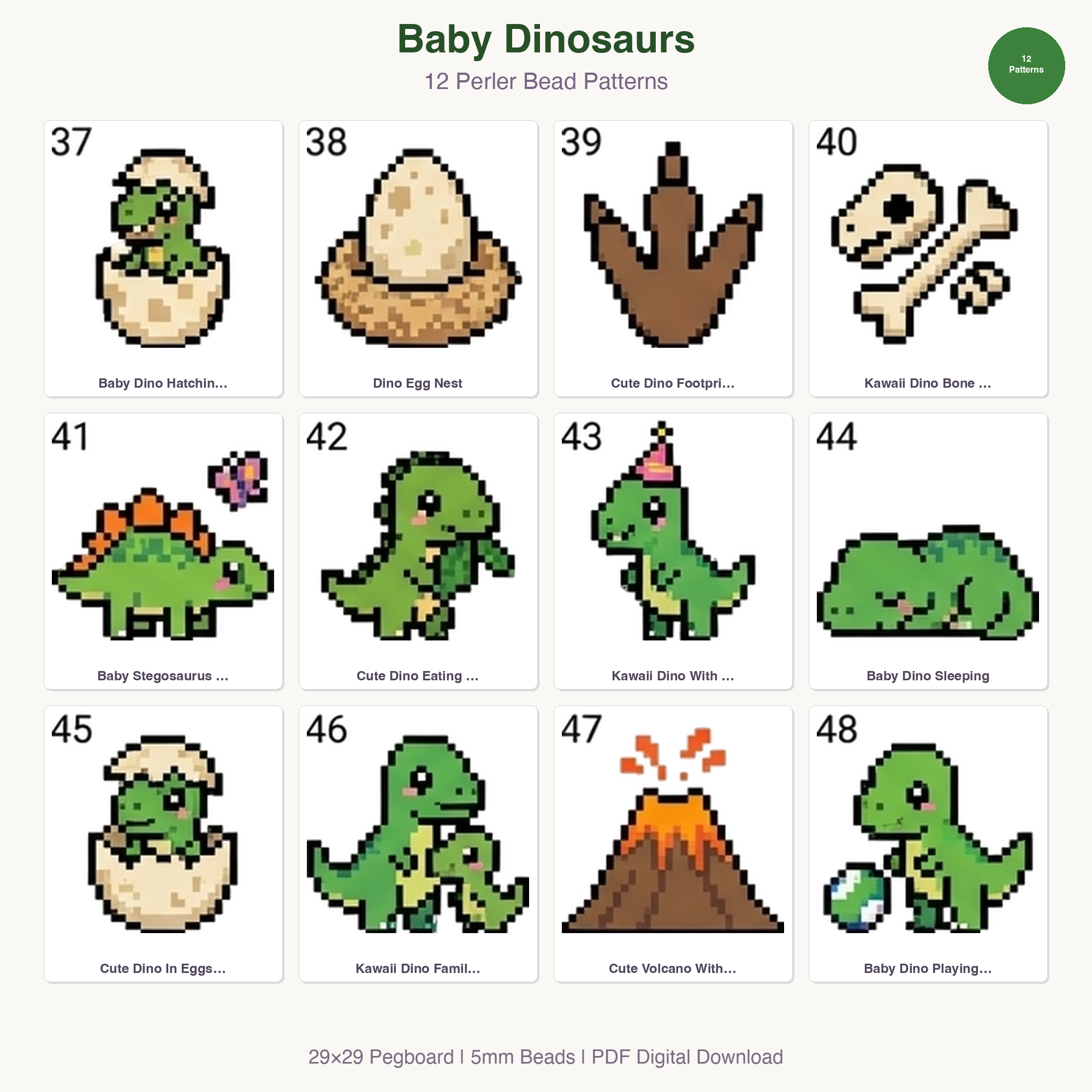 Baby Dinosaurs Perler Bead Patterns Bundle, 12 Designs (PDF Digital Download)
