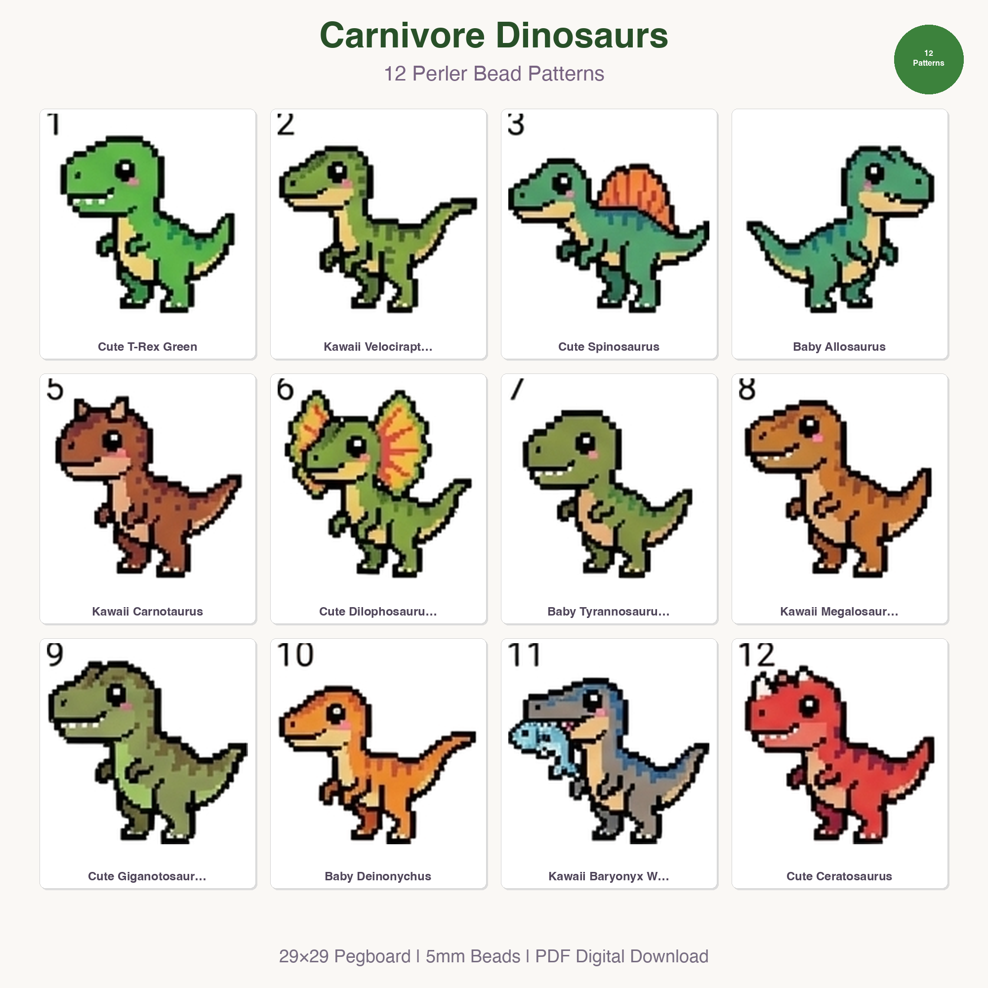 Carnivore Dinosaurs Perler Bead Patterns Bundle, 12 Designs (PDF Digital Download)