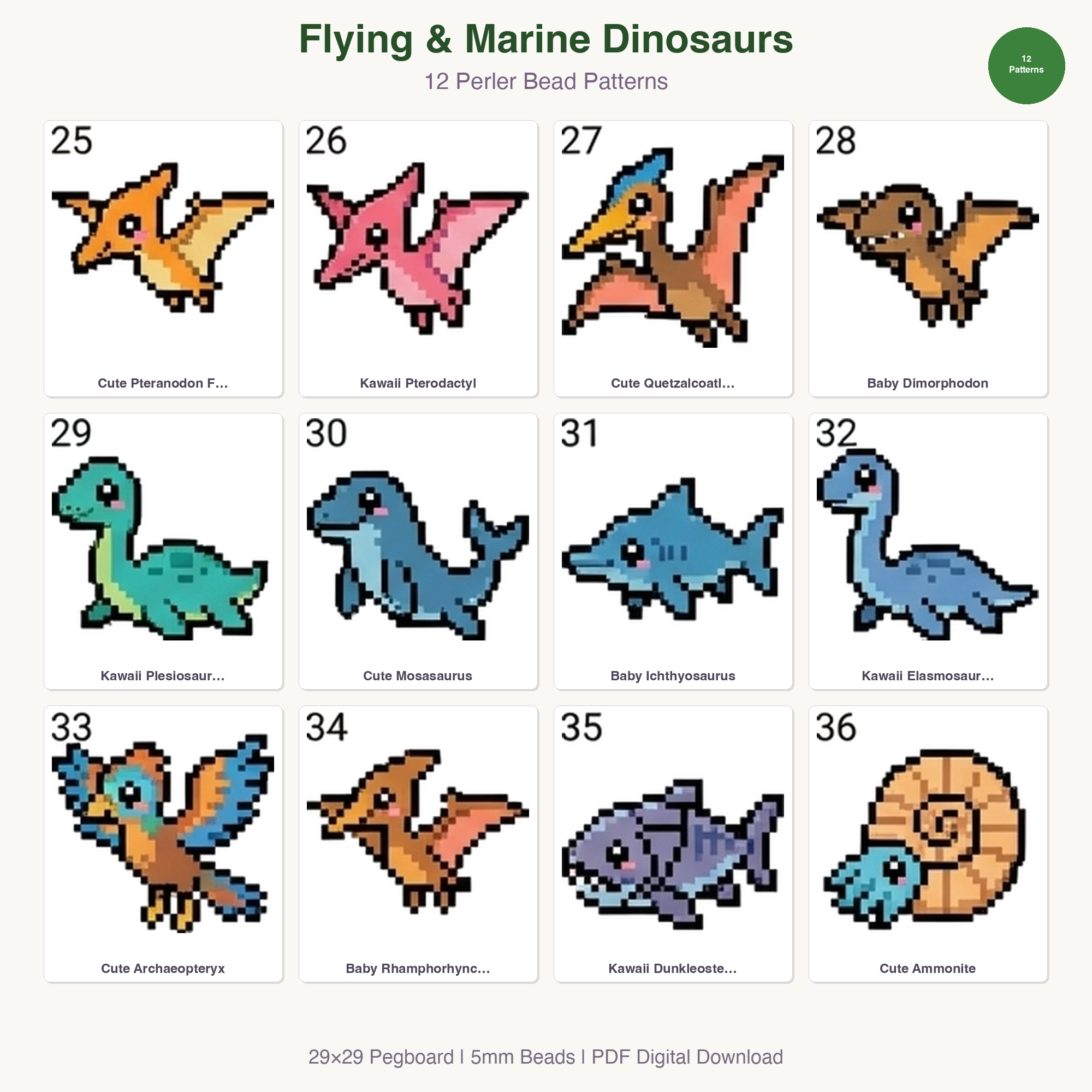 Flying & Marine Dinosaurs Perler Bead Patterns Bundle, 12 Designs (PDF Digital Download)