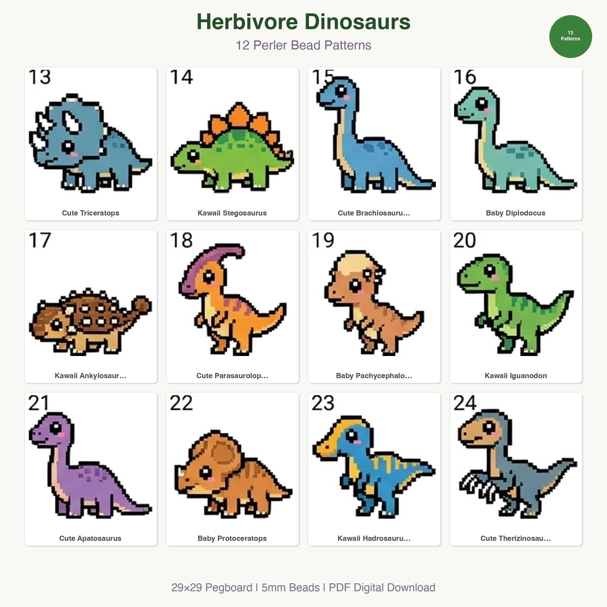 Herbivore Dinosaurs Perler Bead Patterns Bundle, 12 Designs (PDF Digital Download)