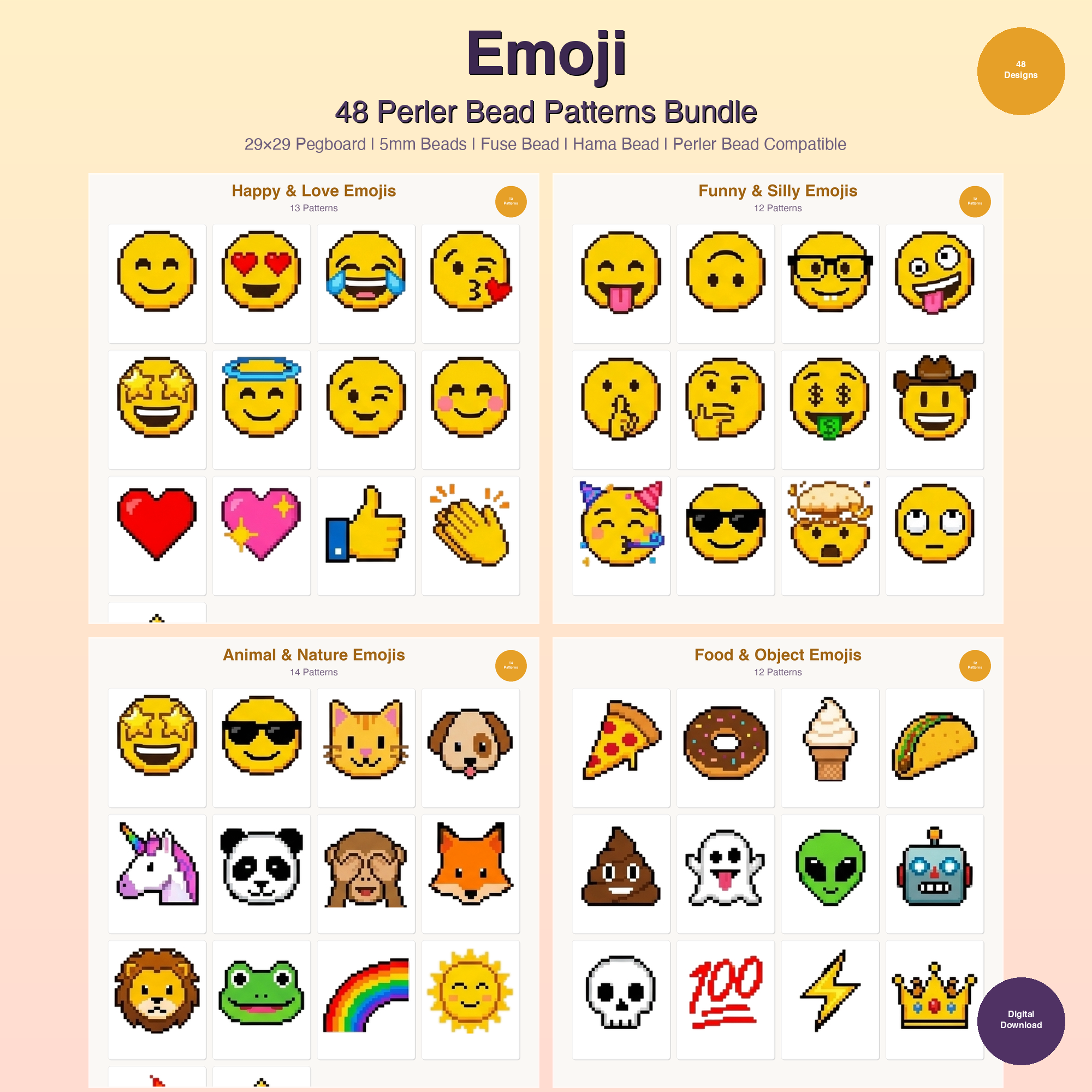Emoji Perler Bead Patterns Bundle, 48 Designs (PDF Digital Download)