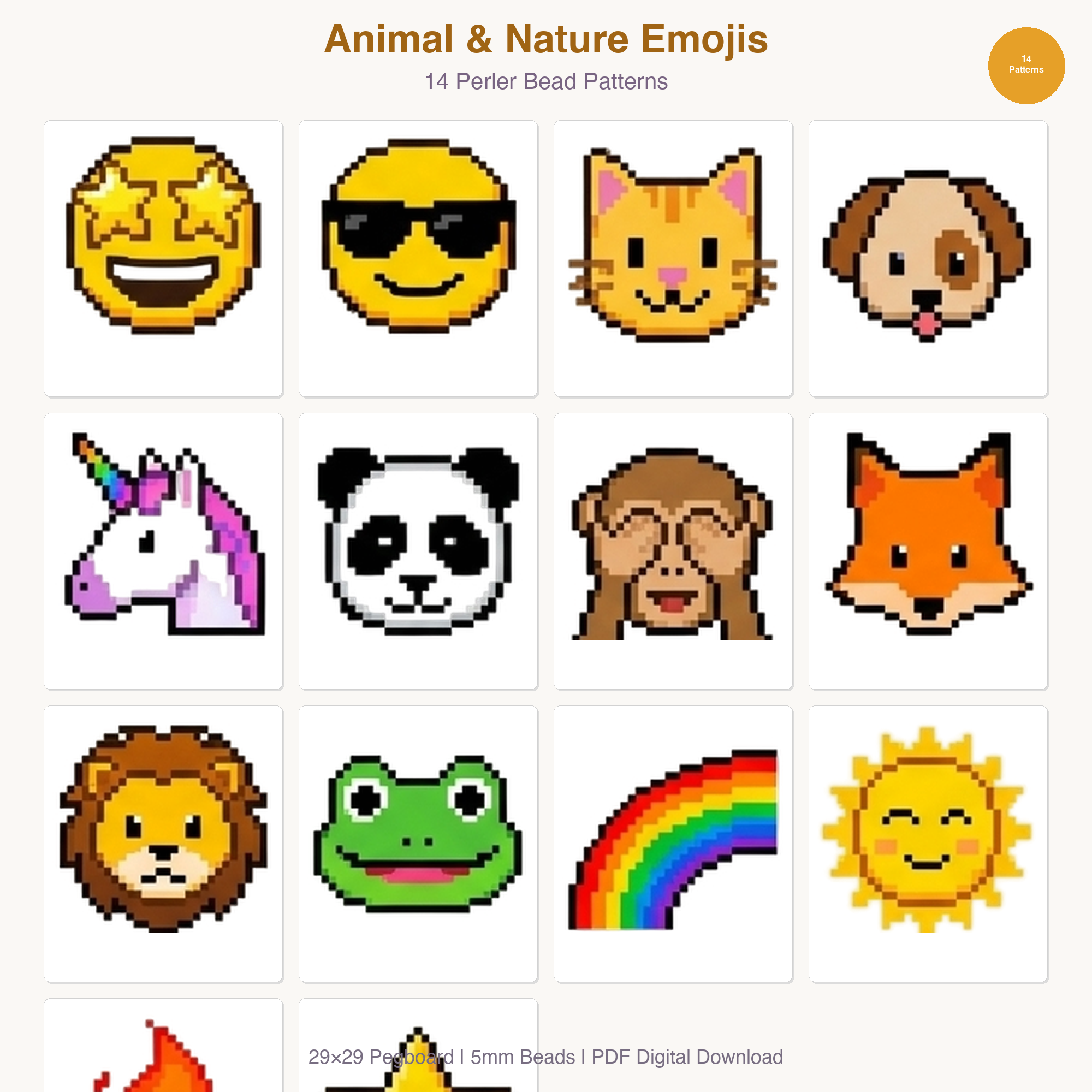 Animal & Nature Emojis Perler Bead Patterns Bundle, 14 Designs (PDF Digital Download)
