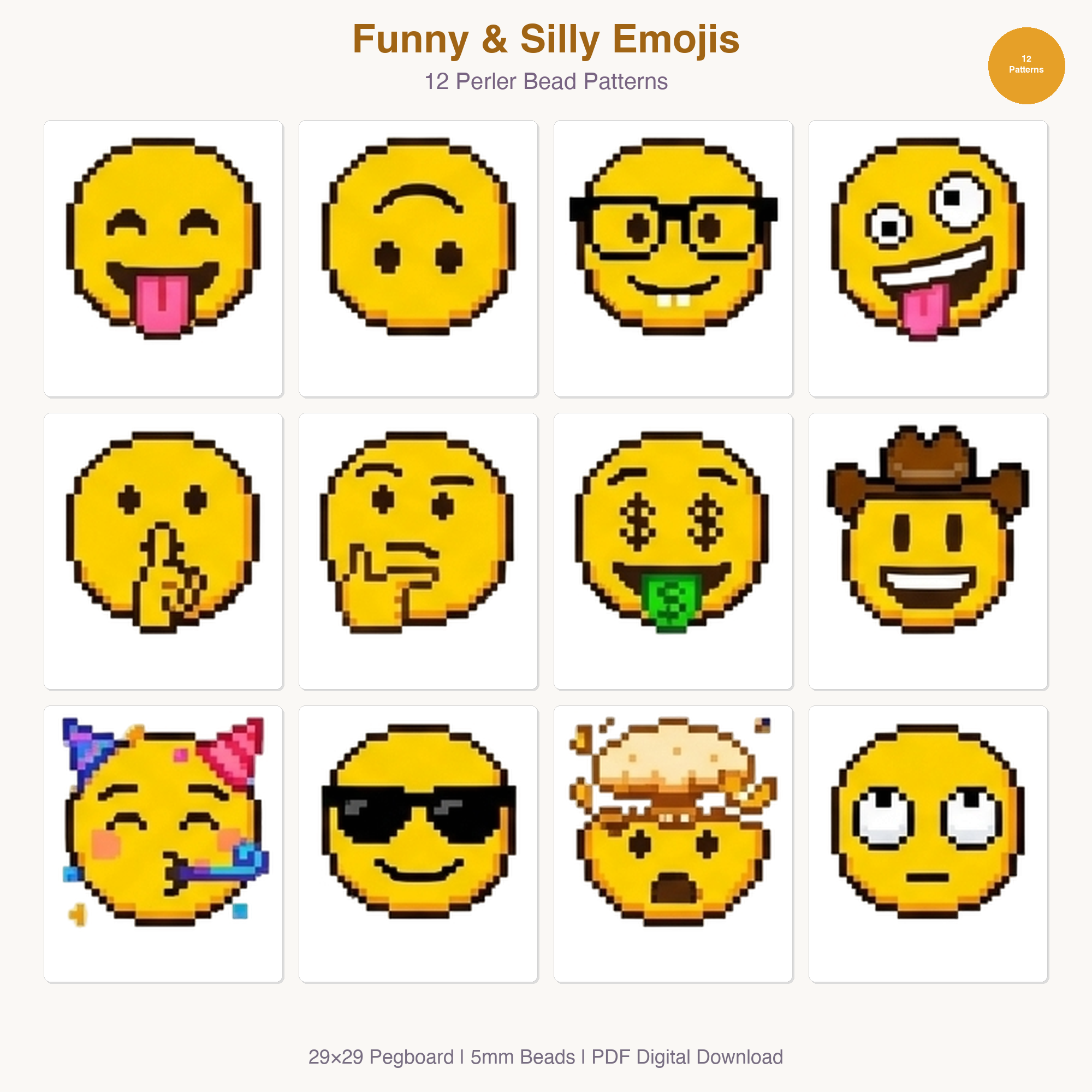 Funny & Silly Emojis Perler Bead Patterns Bundle, 12 Designs (PDF Digital Download)