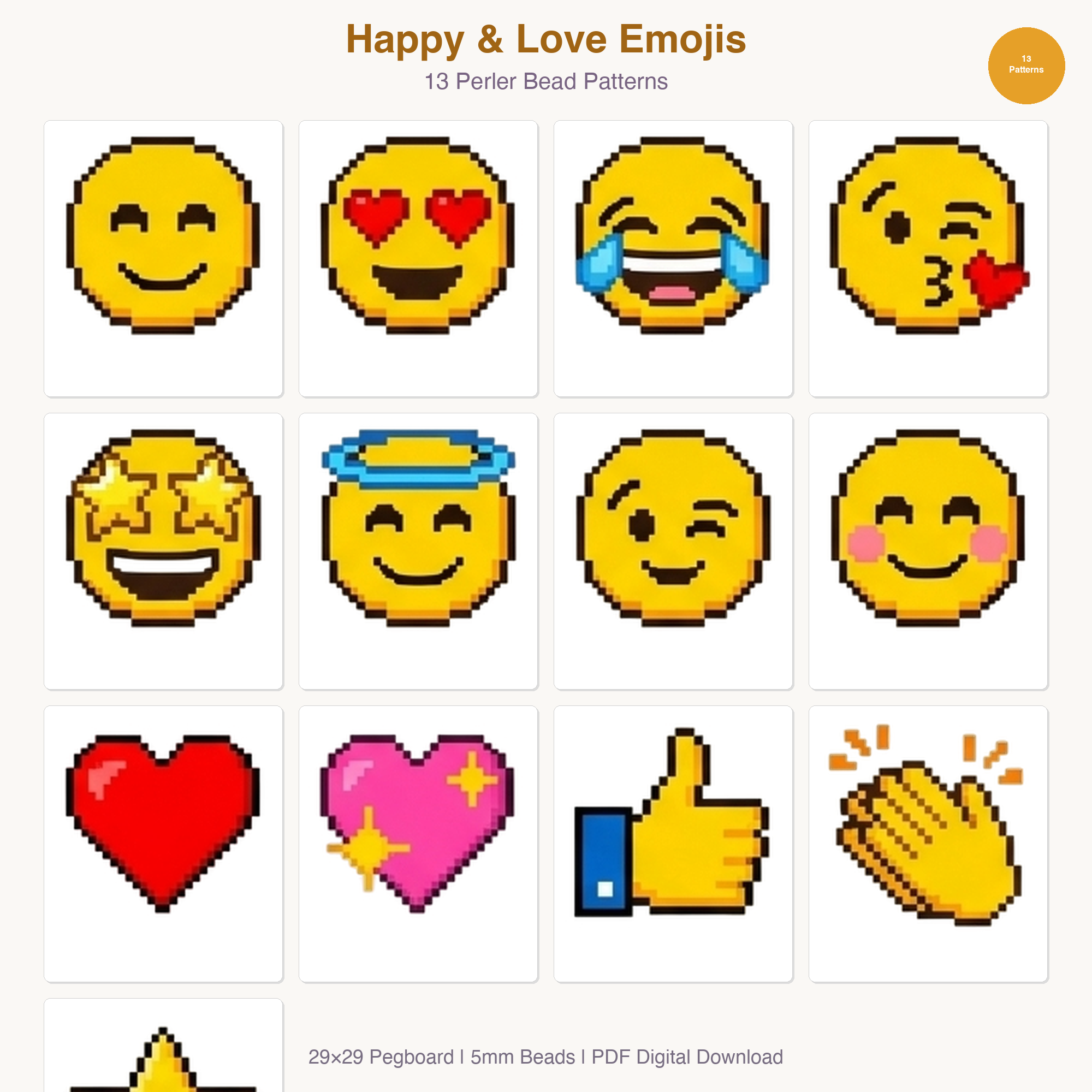 Happy & Love Emojis Perler Bead Patterns Bundle, 13 Designs (PDF Digital Download)