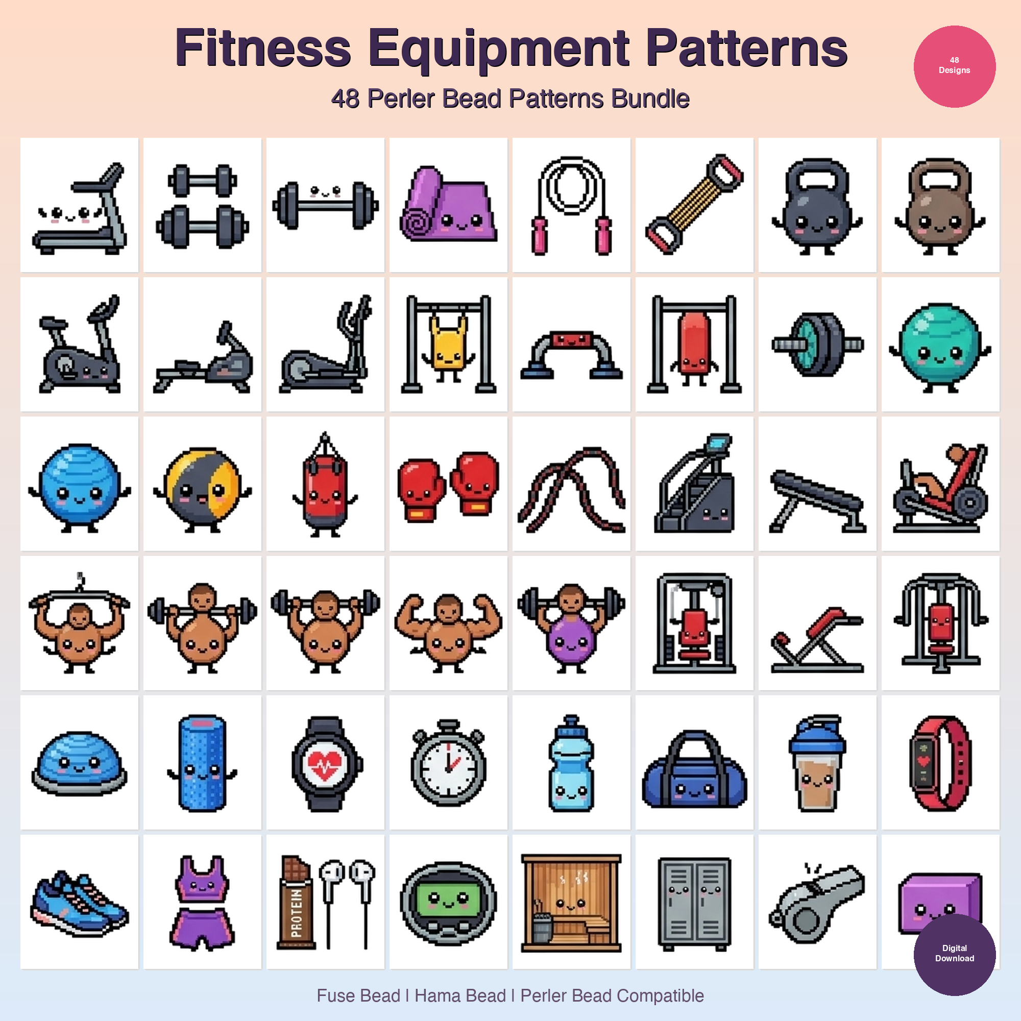 Fitness Equipment Patterns Perler Bead Patterns Bundle, 48 Designs (PDF Digital Download)