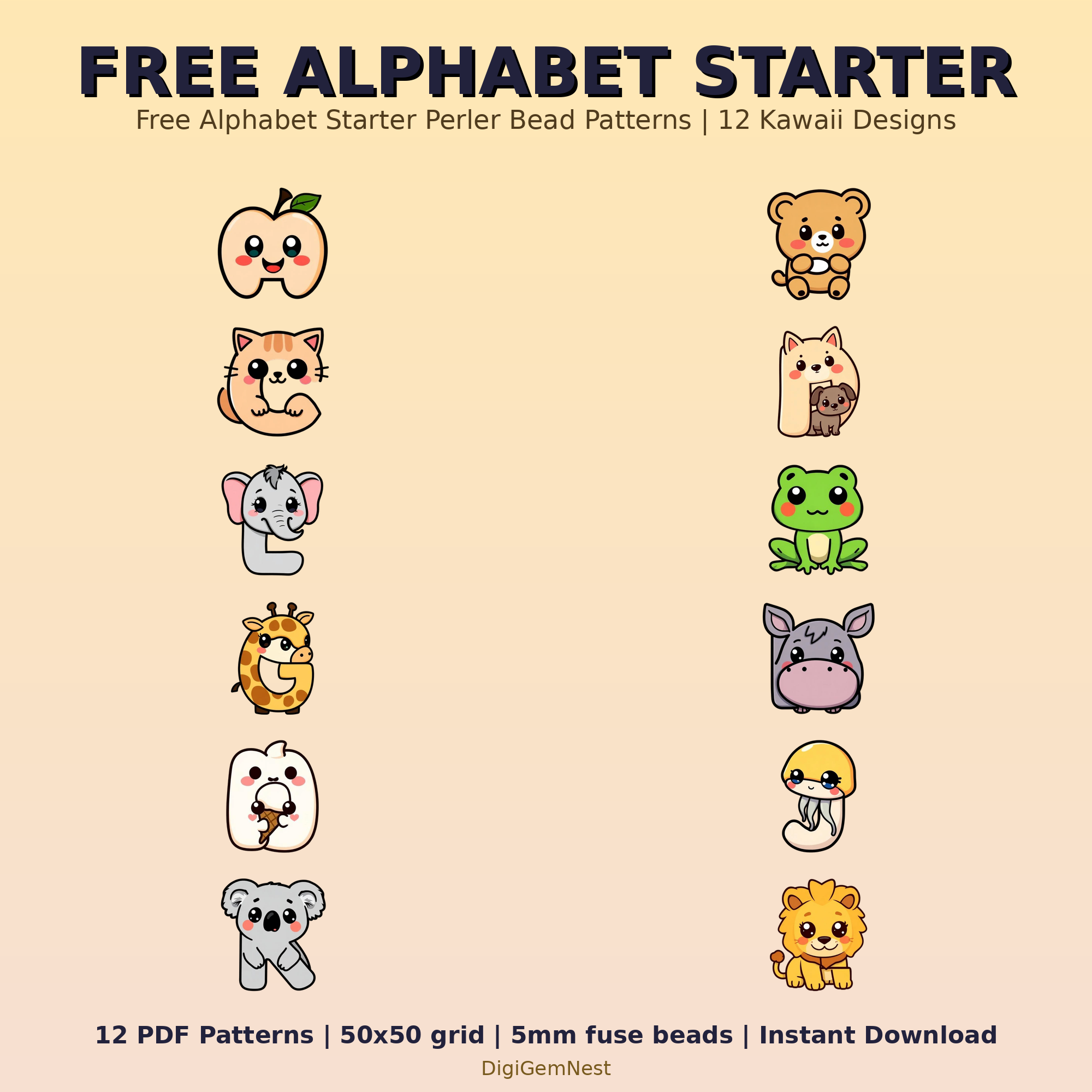 Free Alphabet Starter Perler Bead Pattern Bundle | 12 Designs | Hama Bead Compatible | PDF Digital Download