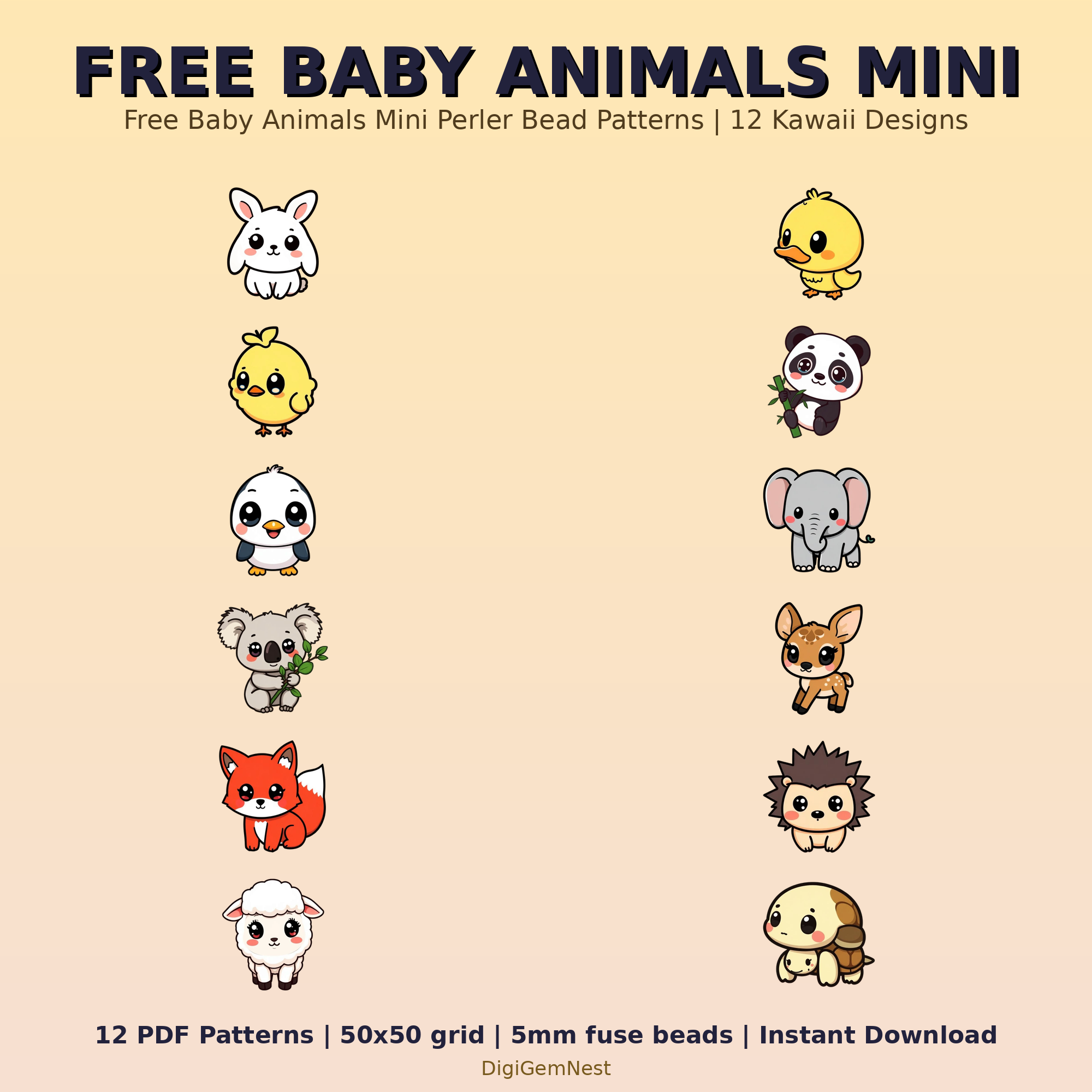 Free Baby Animals Mini Perler Bead Pattern Bundle | 12 Designs | Hama Bead Compatible | PDF Digital Download