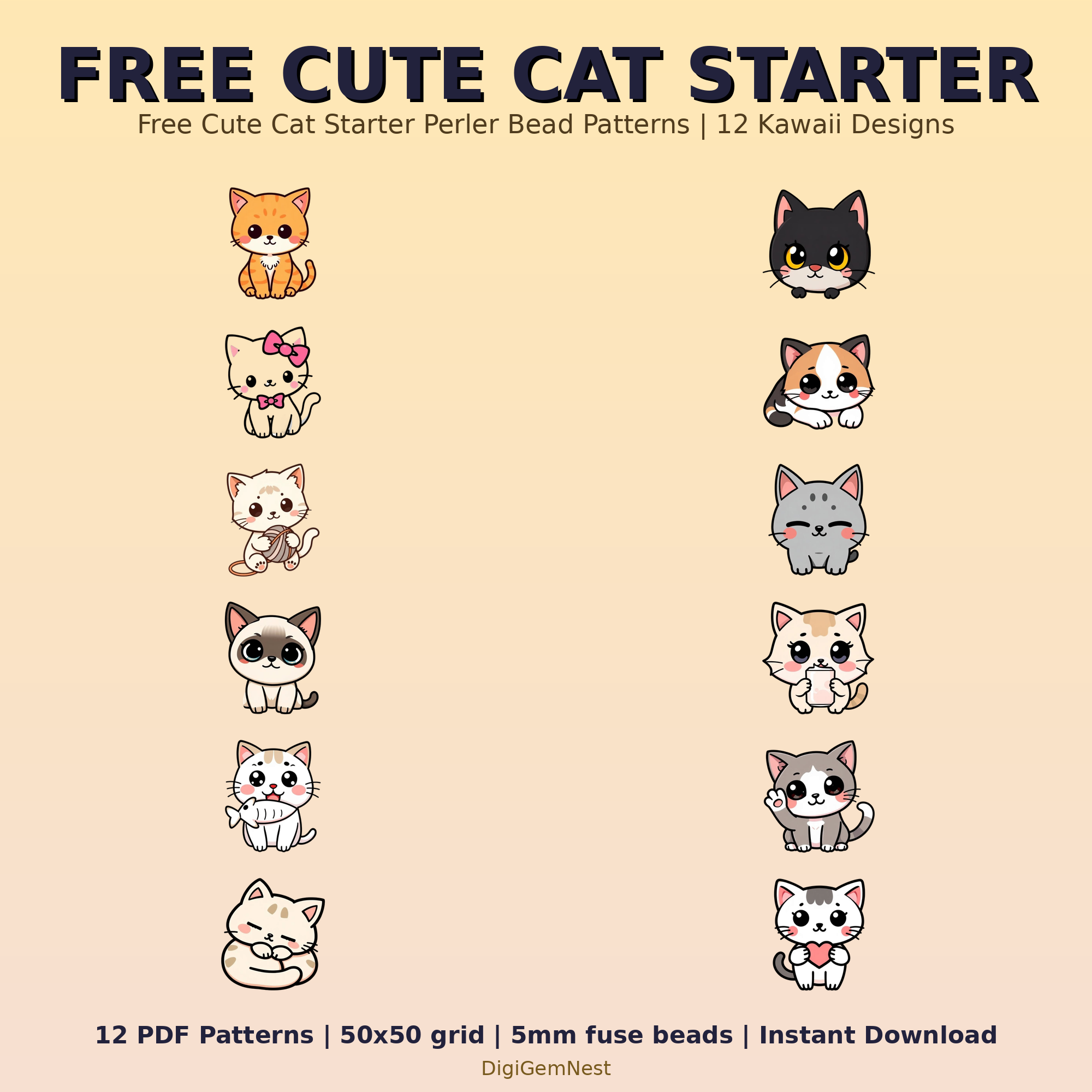 Free Cute Cat Starter Perler Bead Pattern Bundle | 12 Designs | Hama Bead Compatible | PDF Digital Download