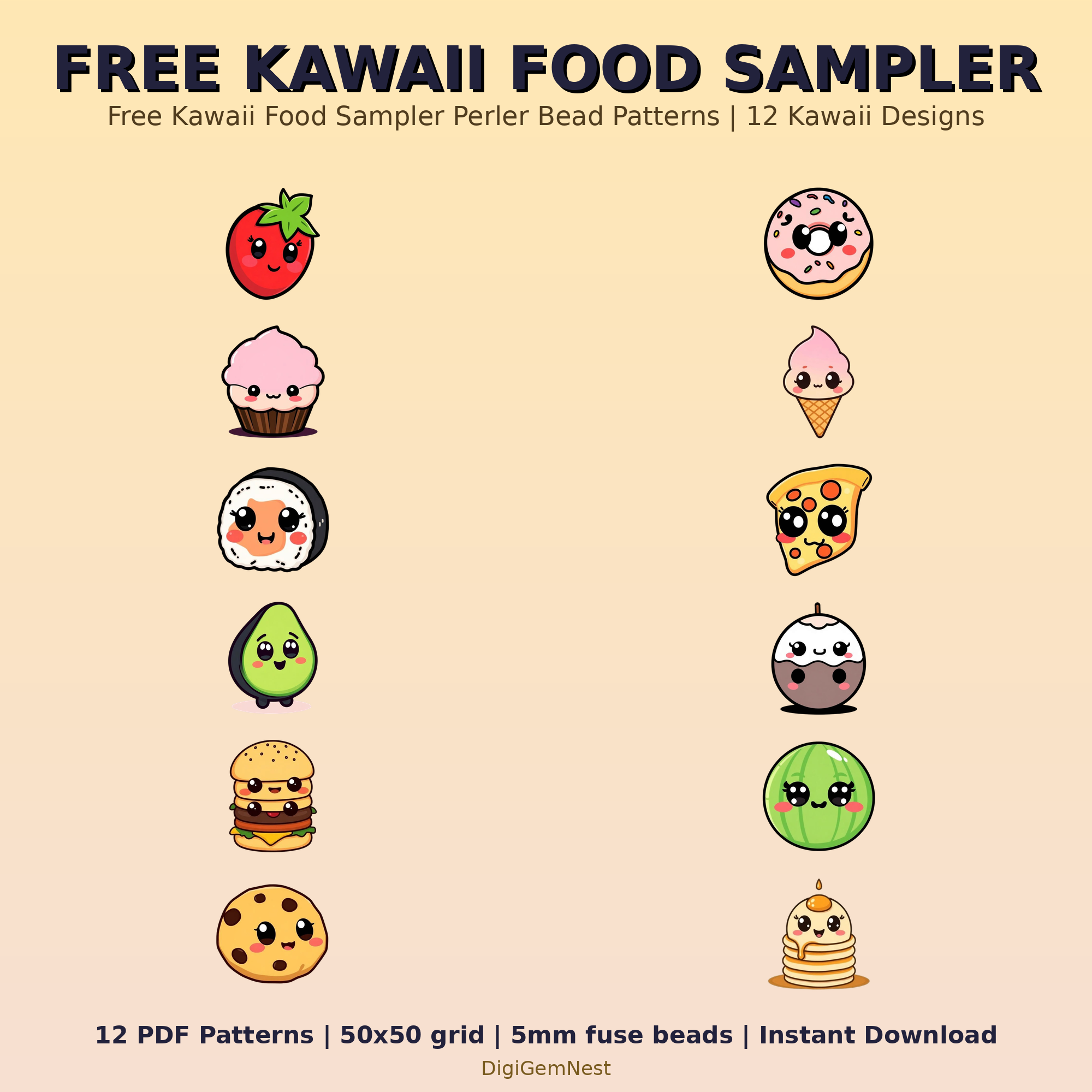 Free Kawaii Food Sampler Perler Bead Pattern Bundle | 12 Designs | Hama Bead Compatible | PDF Digital Download