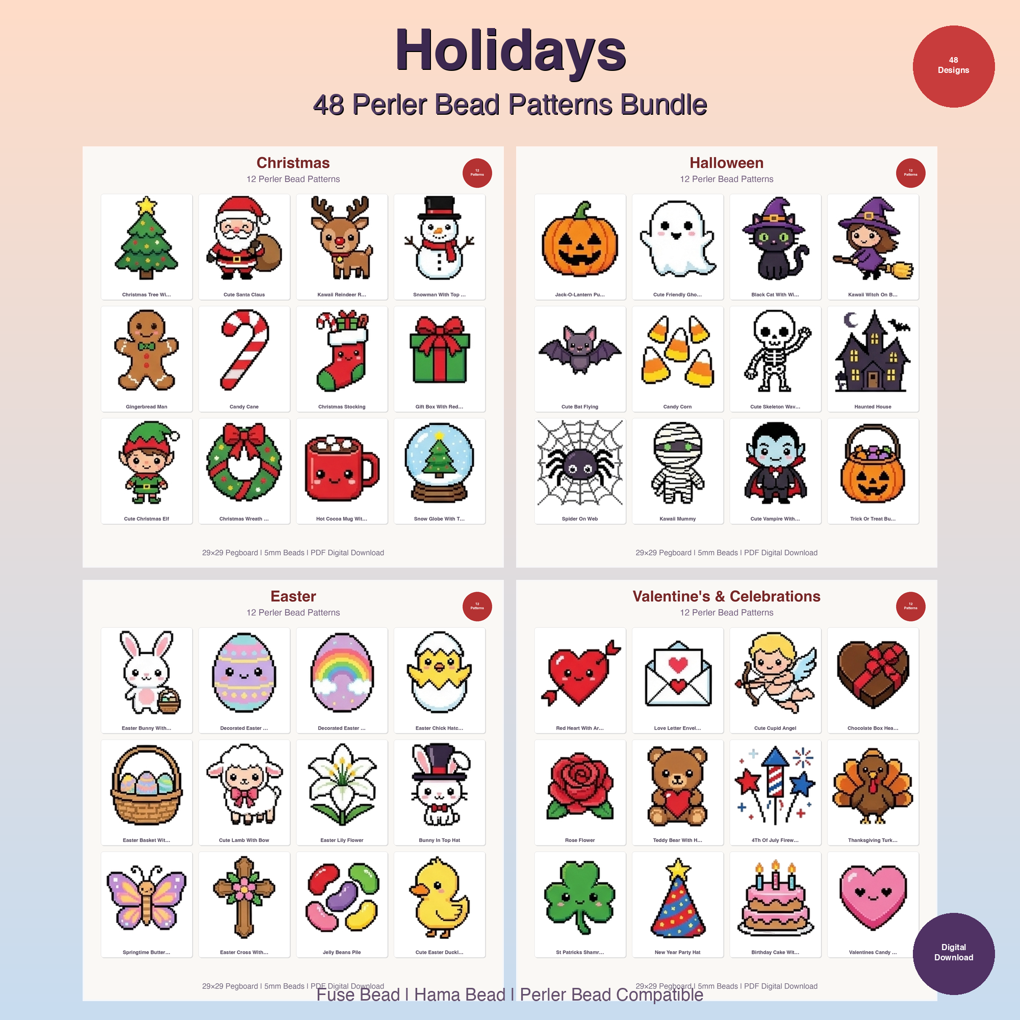 Holiday Perler Bead Patterns Bundle, 48 Designs (PDF Digital Download)