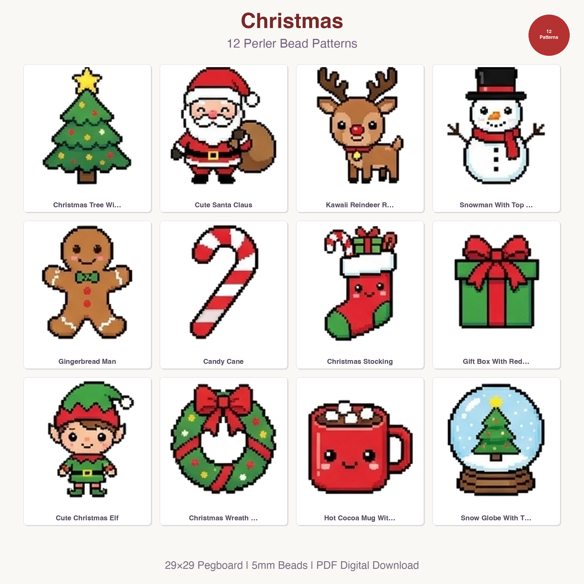 Christmas Perler Bead Patterns Bundle, 12 Designs (PDF Digital Download)