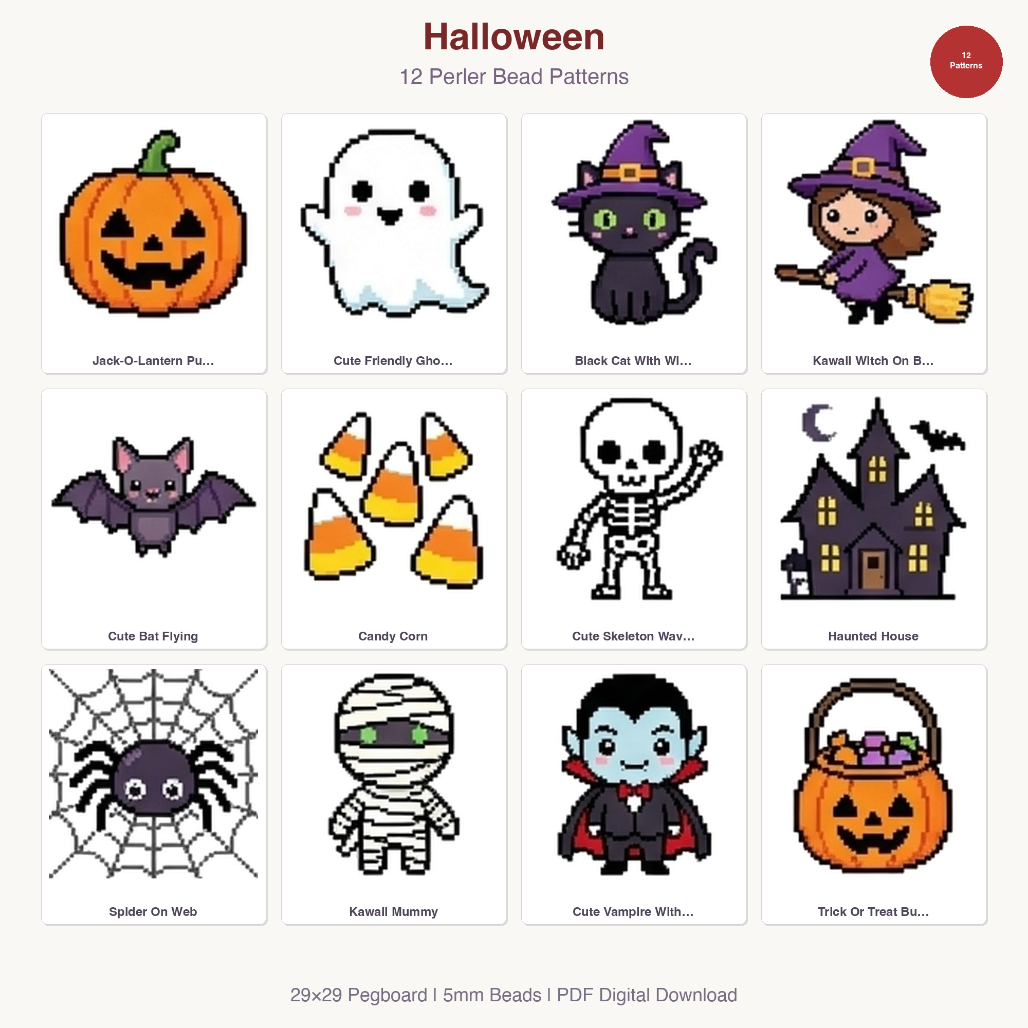 Halloween Perler Bead Patterns Bundle, 12 Designs (PDF Digital Download)