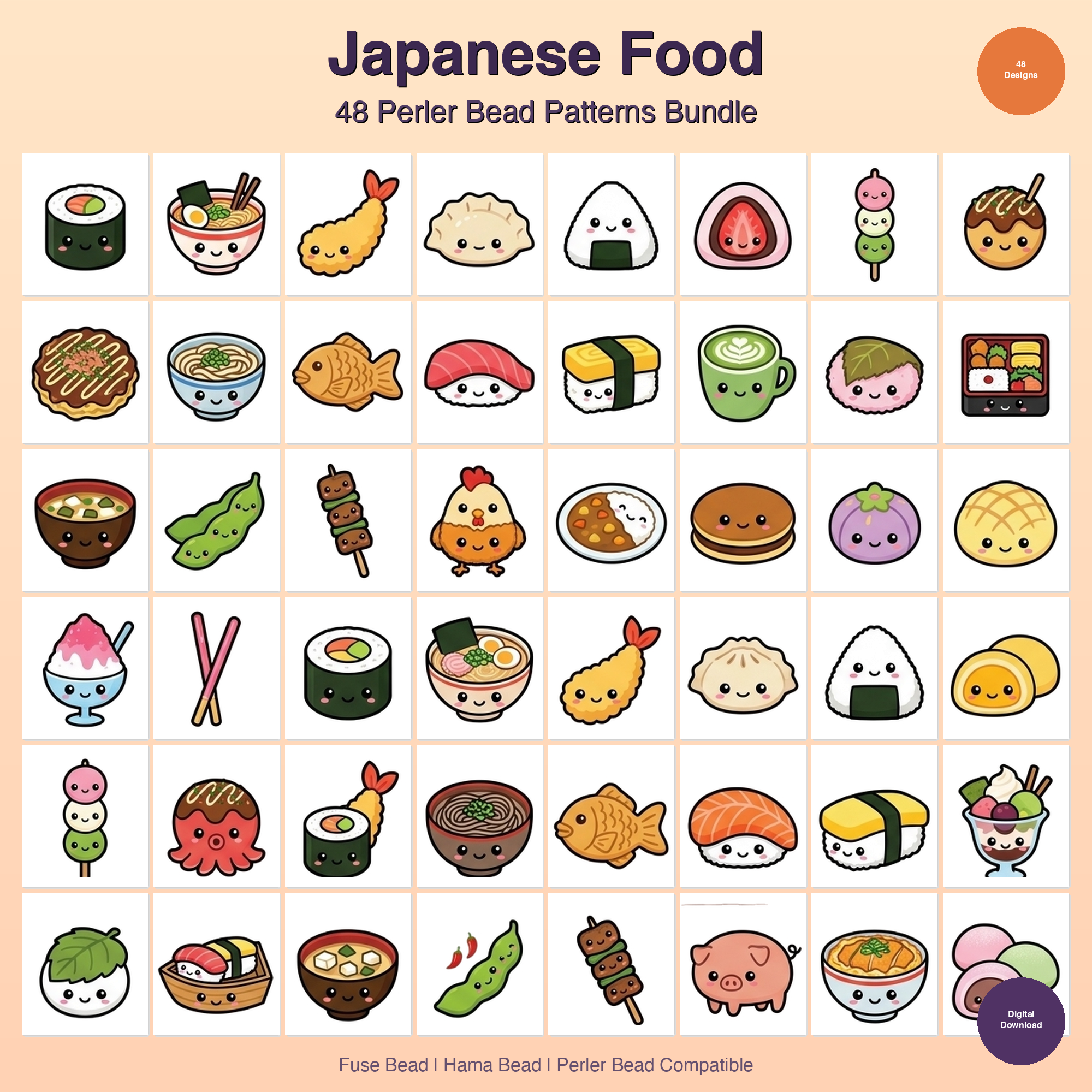 Japanese Food Perler Bead Patterns Bundle, 48 Designs (PDF Digital Download)