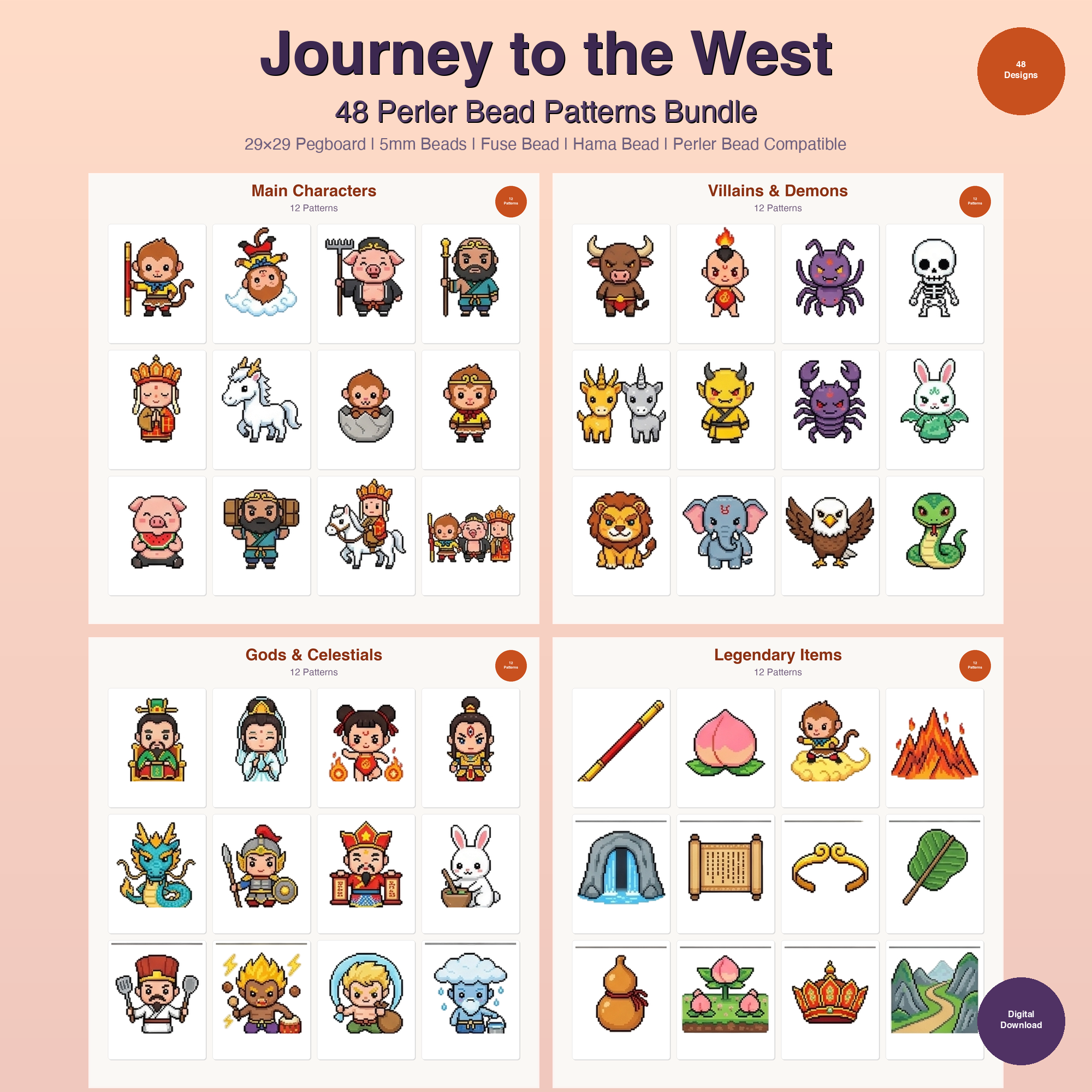 Journey to the West Perler Bead Patterns Bundle, 48 Designs (PDF Digital Download)