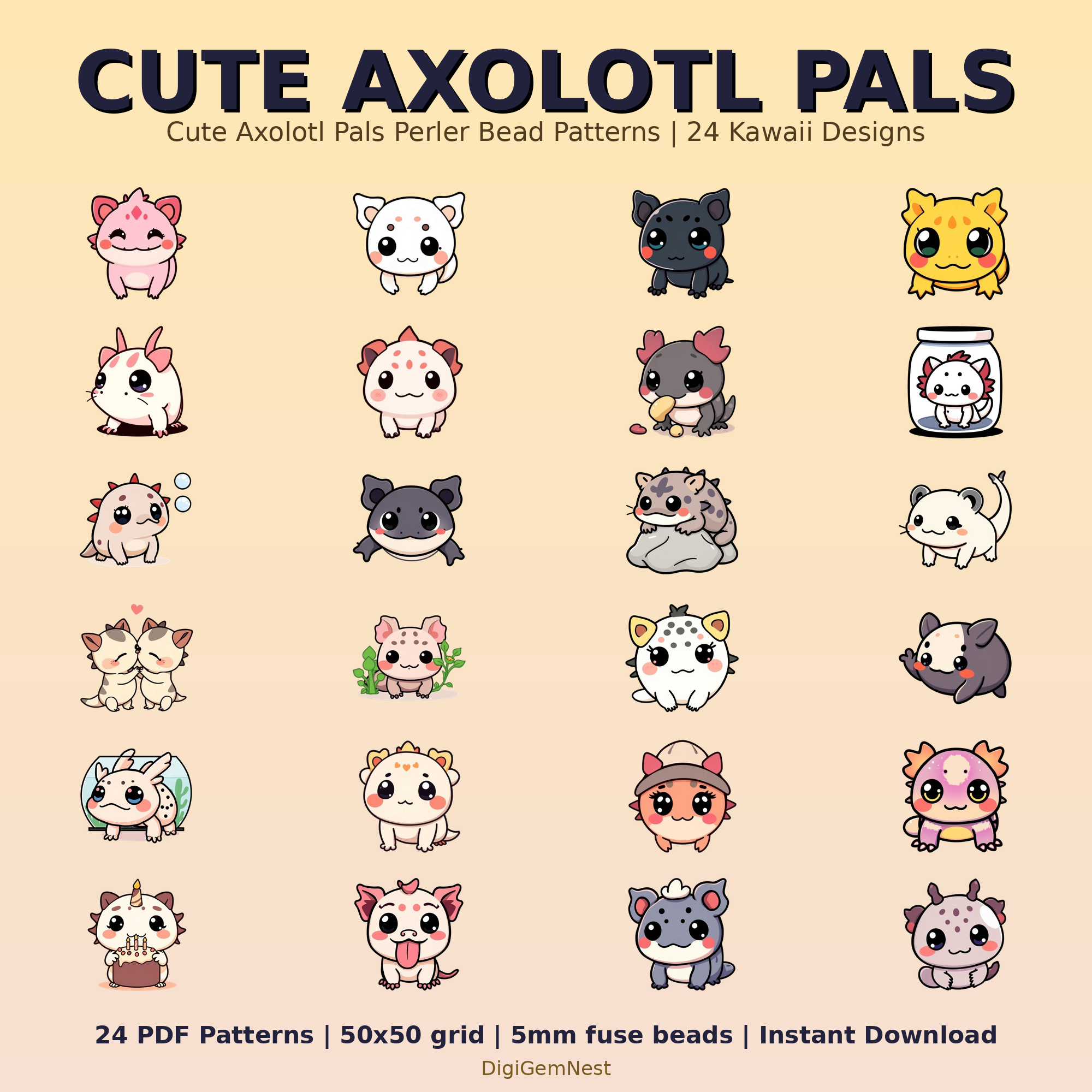 Cute Axolotl Pals Perler Bead Pattern Bundle | 24 Designs | Hama Bead Compatible | PDF Digital Download