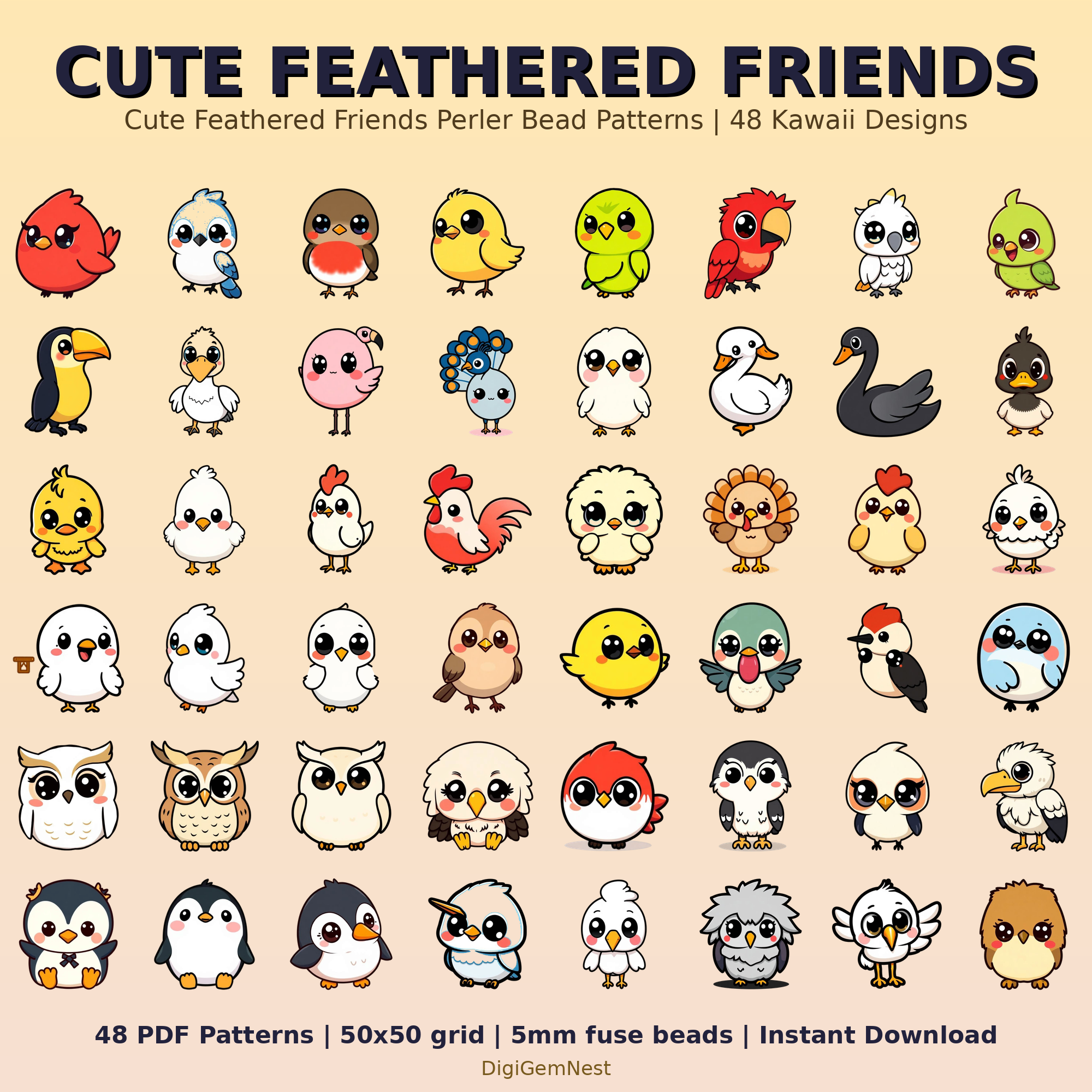 Cute Feathered Friends Perler Bead Pattern Bundle | 48 Designs | Hama Bead Compatible | PDF Digital Download