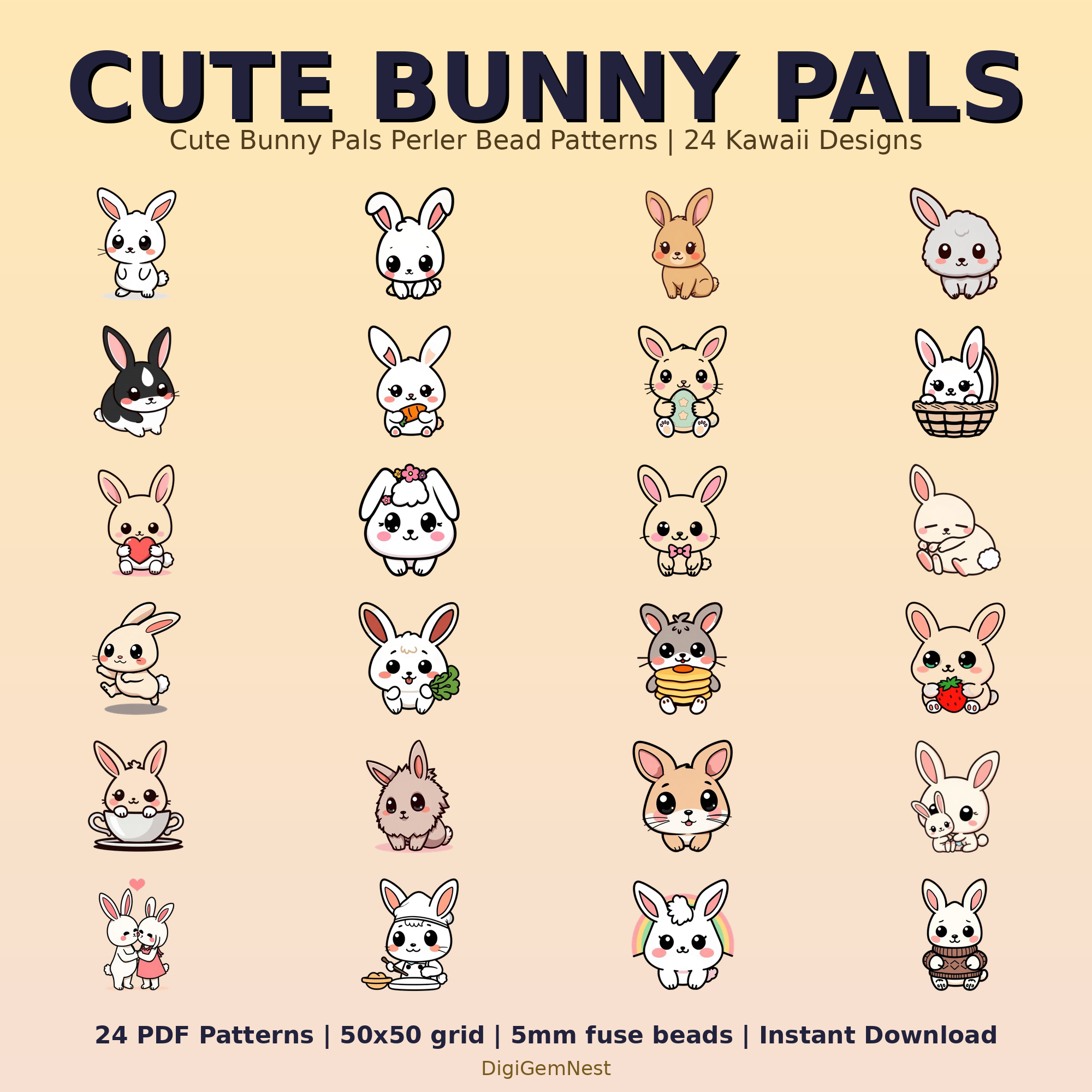 Cute Bunny Pals Perler Bead Pattern Bundle | 24 Designs | Hama Bead Compatible | PDF Digital Download