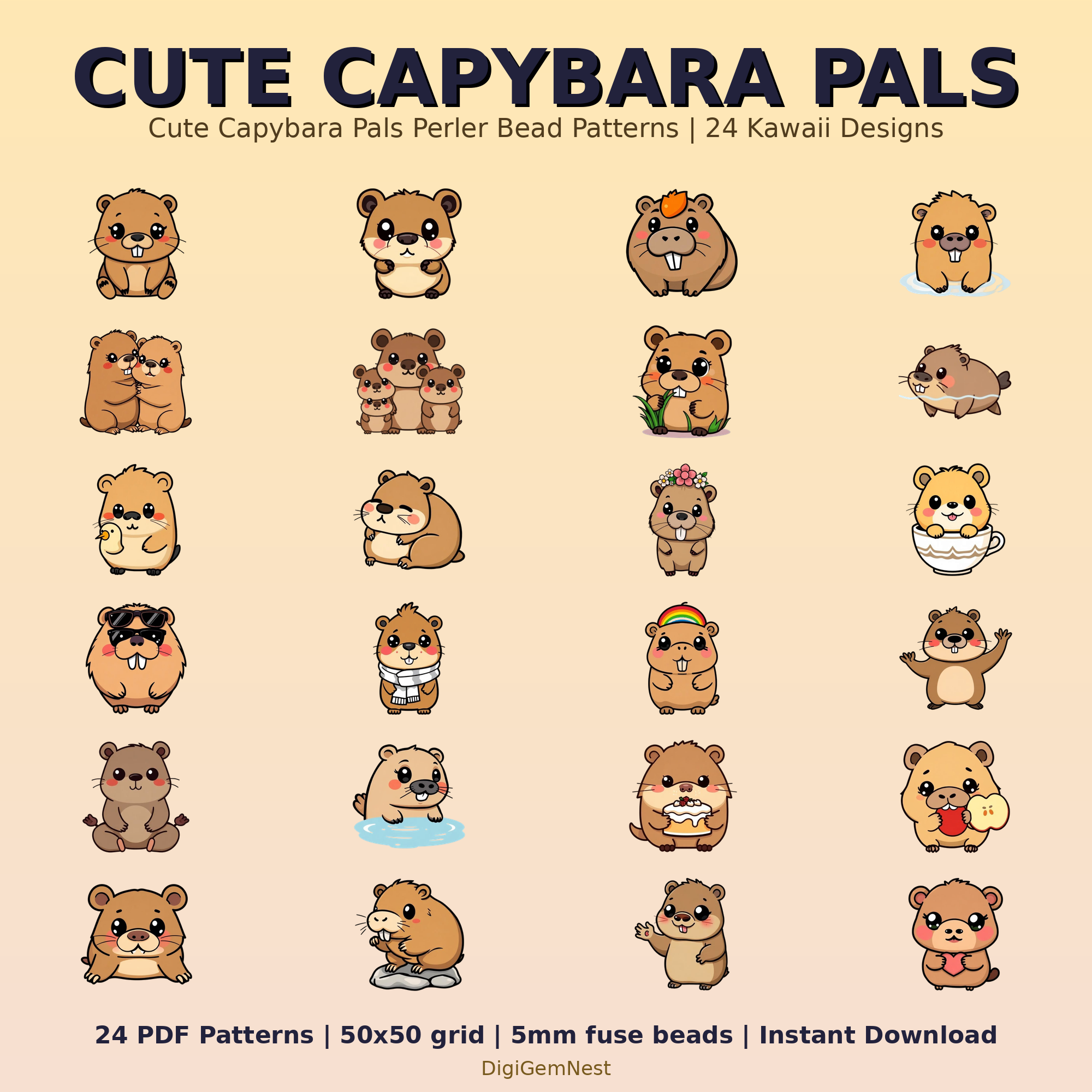 Cute Capybara Pals Perler Bead Pattern Bundle | 24 Designs | Hama Bead Compatible | PDF Digital Download