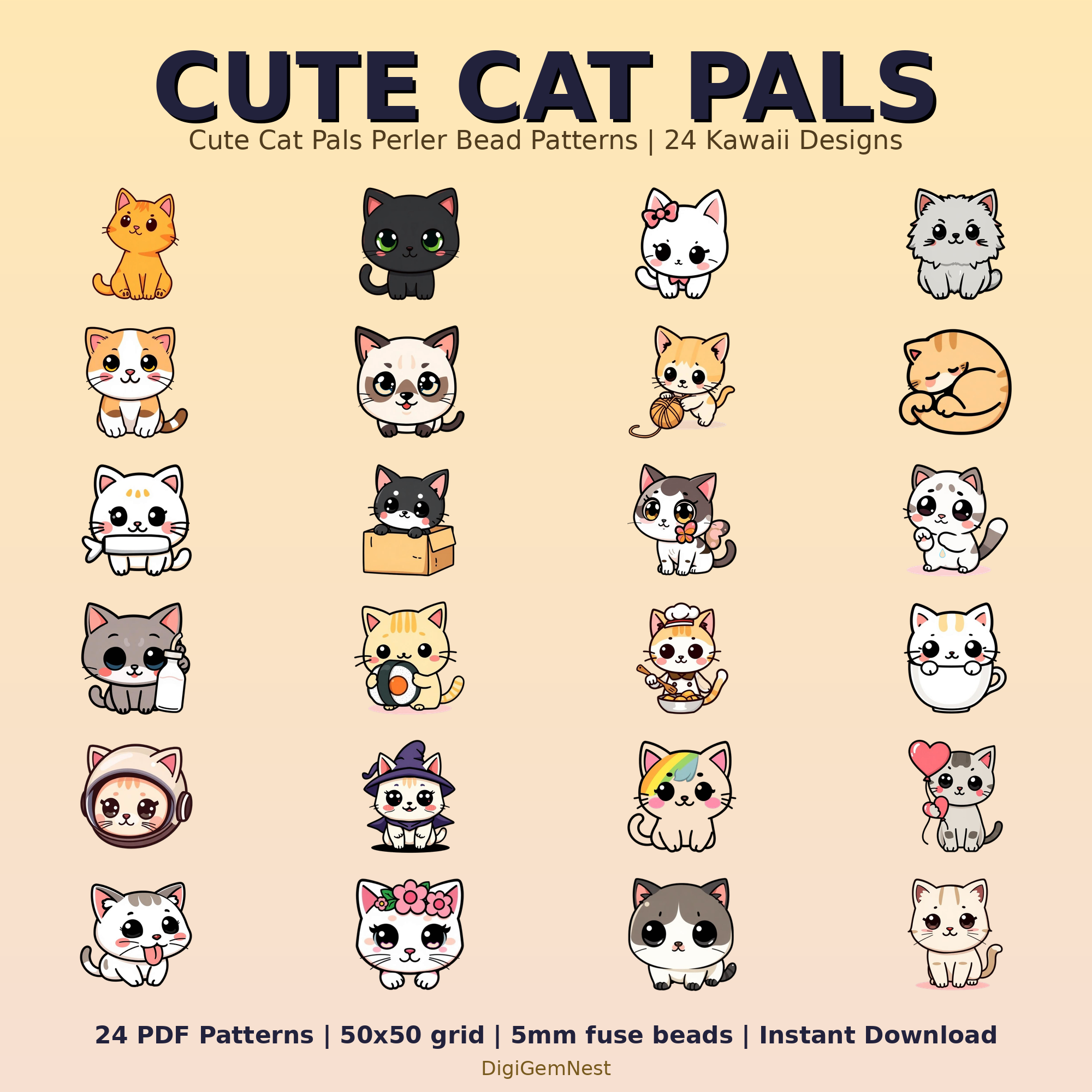 Cute Cat Pals Perler Bead Pattern Bundle | 24 Designs | Hama Bead Compatible | PDF Digital Download