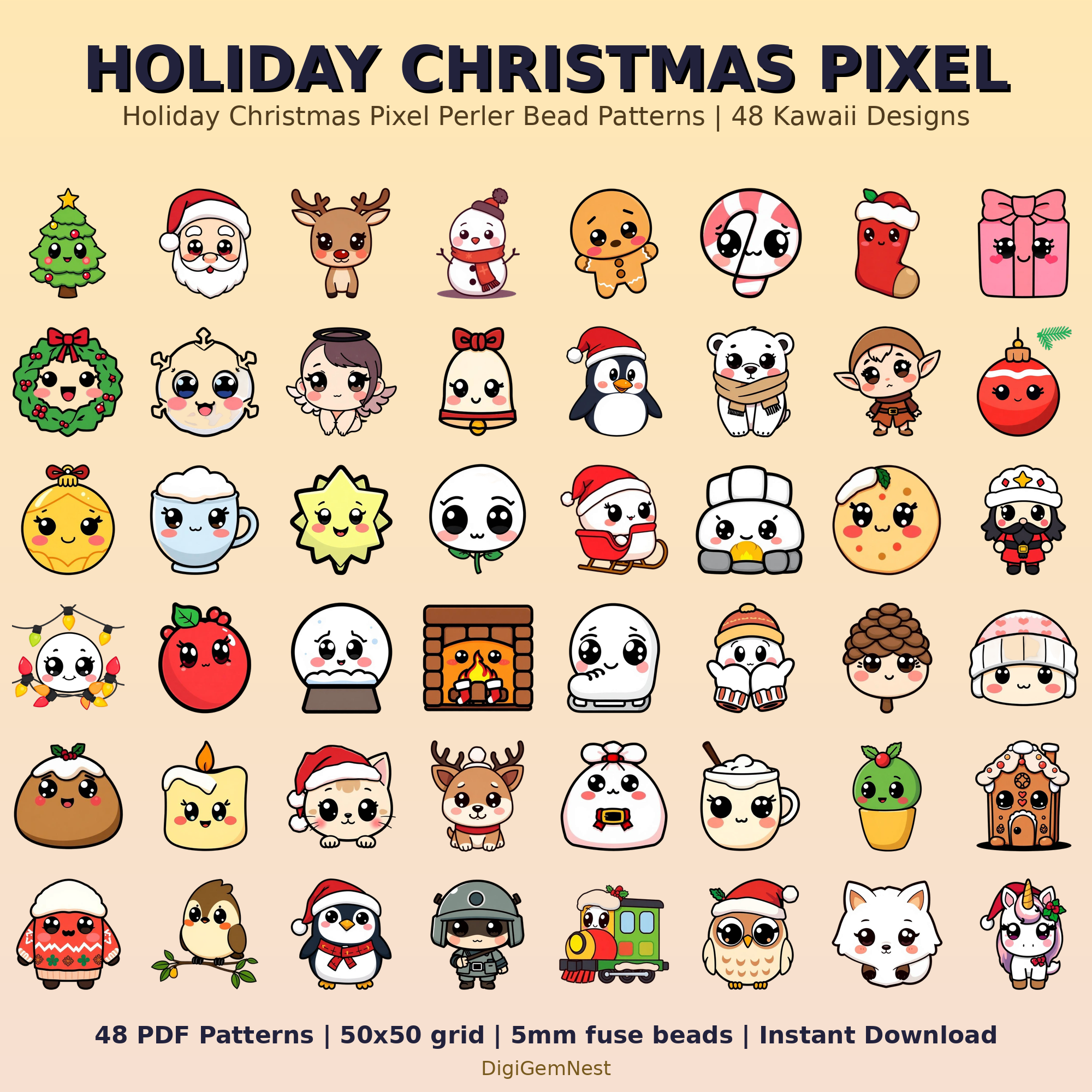 Cute Holiday Christmas Pixel Perler Bead Pattern Bundle | 48 Designs | Hama Bead Compatible | PDF Digital Download