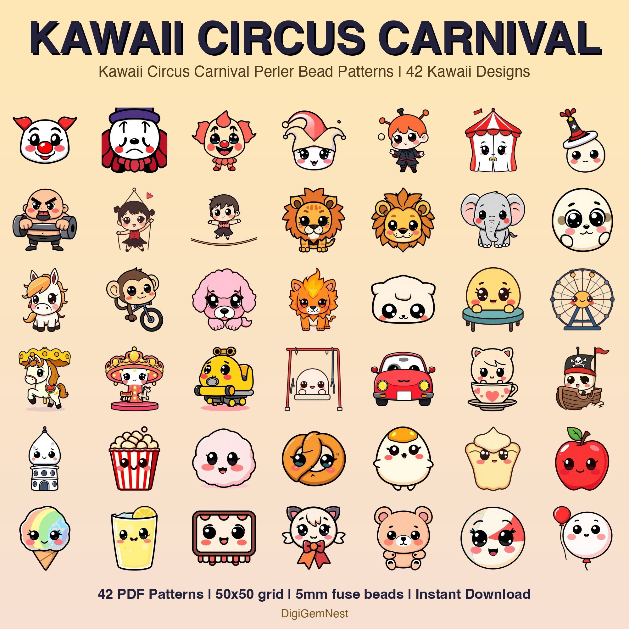 Kawaii Circus Carnival Perler Bead Pattern Bundle | 42 Designs | Hama Bead Compatible | PDF Digital Download