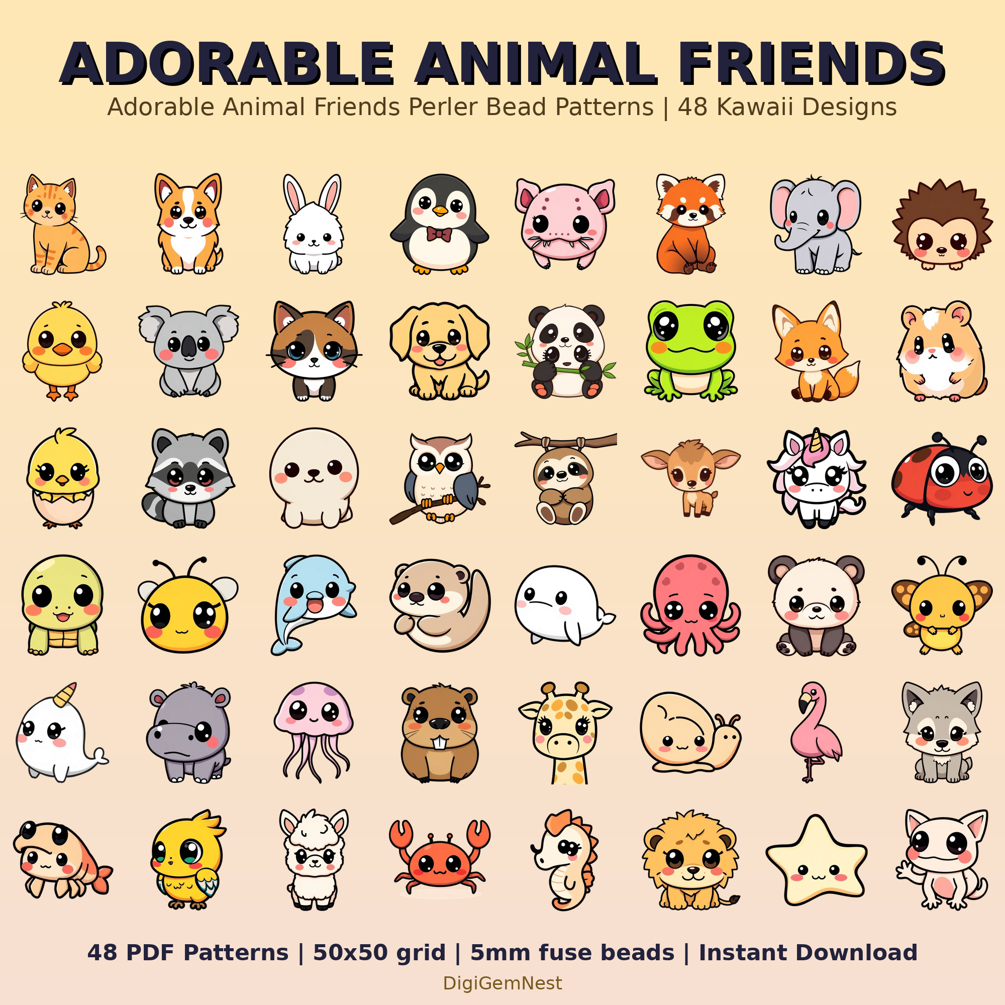 Cute Adorable Animal Friends Perler Bead Pattern Bundle | 48 Designs | Hama Bead Compatible | PDF Digital Download