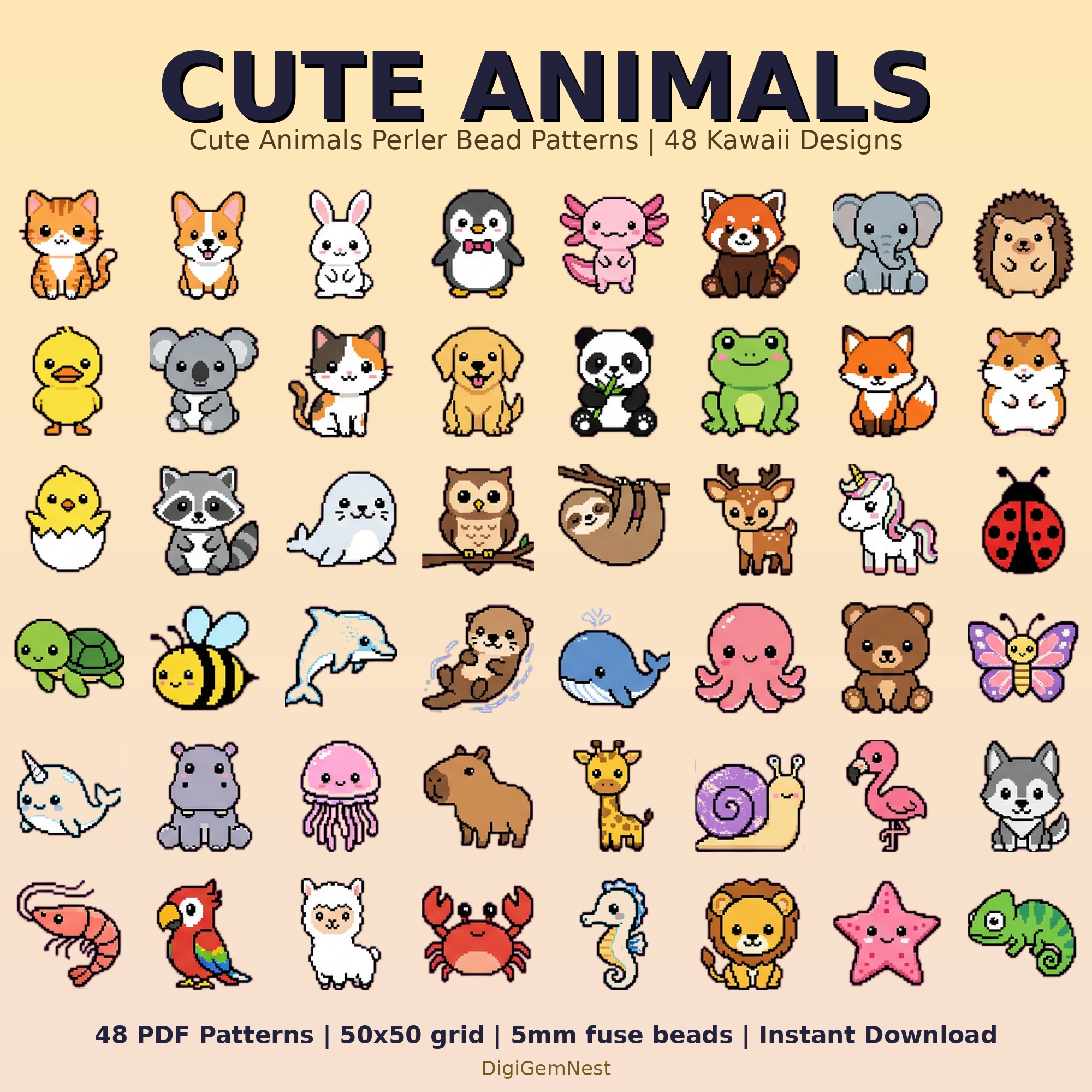 Cute Cute Animals Perler Bead Pattern Bundle | 48 Designs | Hama Bead Compatible | PDF Digital Download