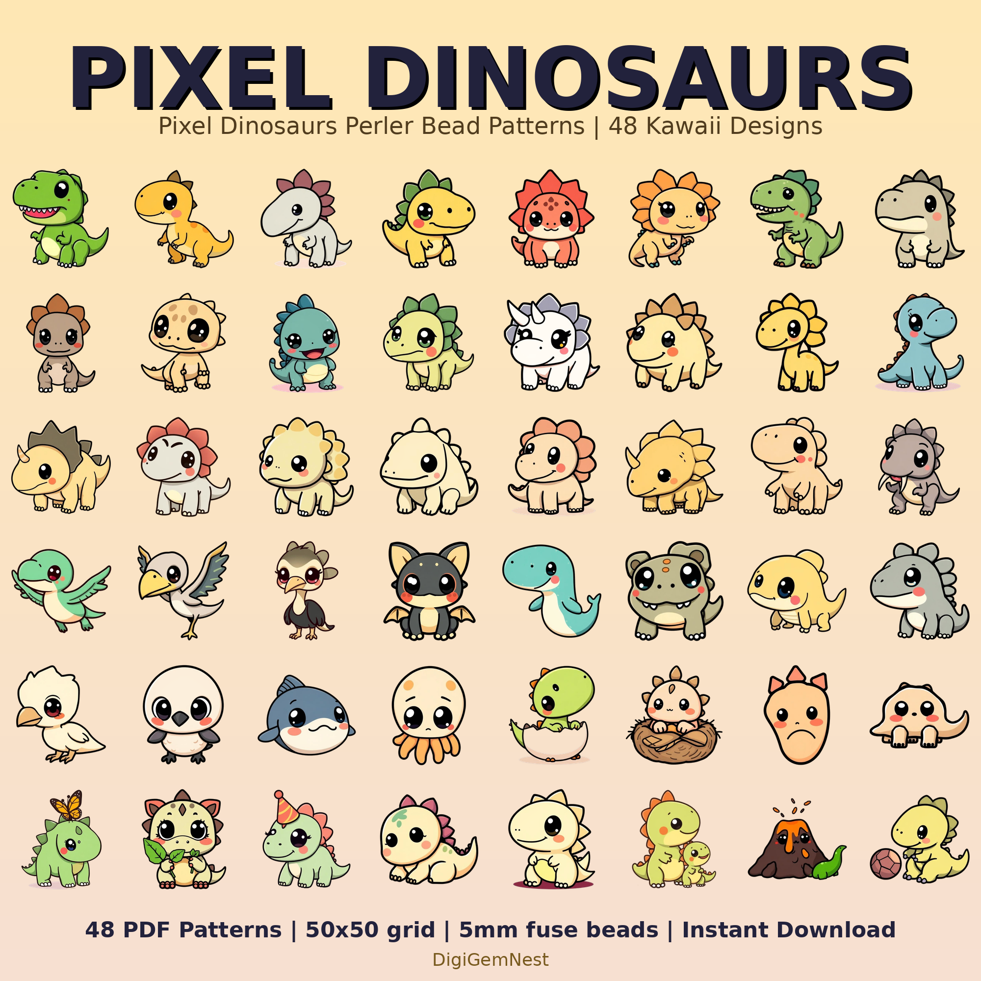 Cute Pixel Dinosaurs Perler Bead Pattern Bundle | 48 Designs | Hama Bead Compatible | PDF Digital Download