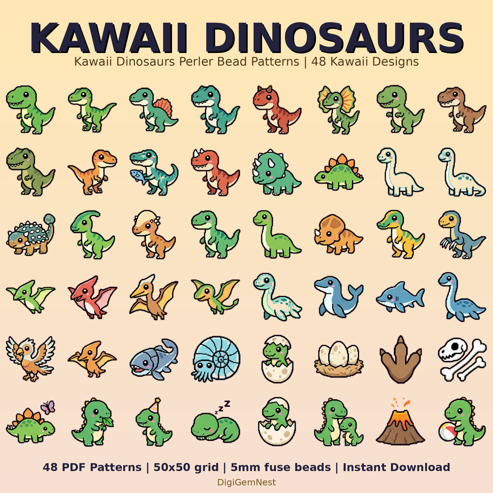 Cute Kawaii Dinosaurs Perler Bead Pattern Bundle | 48 Designs | Hama Bead Compatible | PDF Digital Download