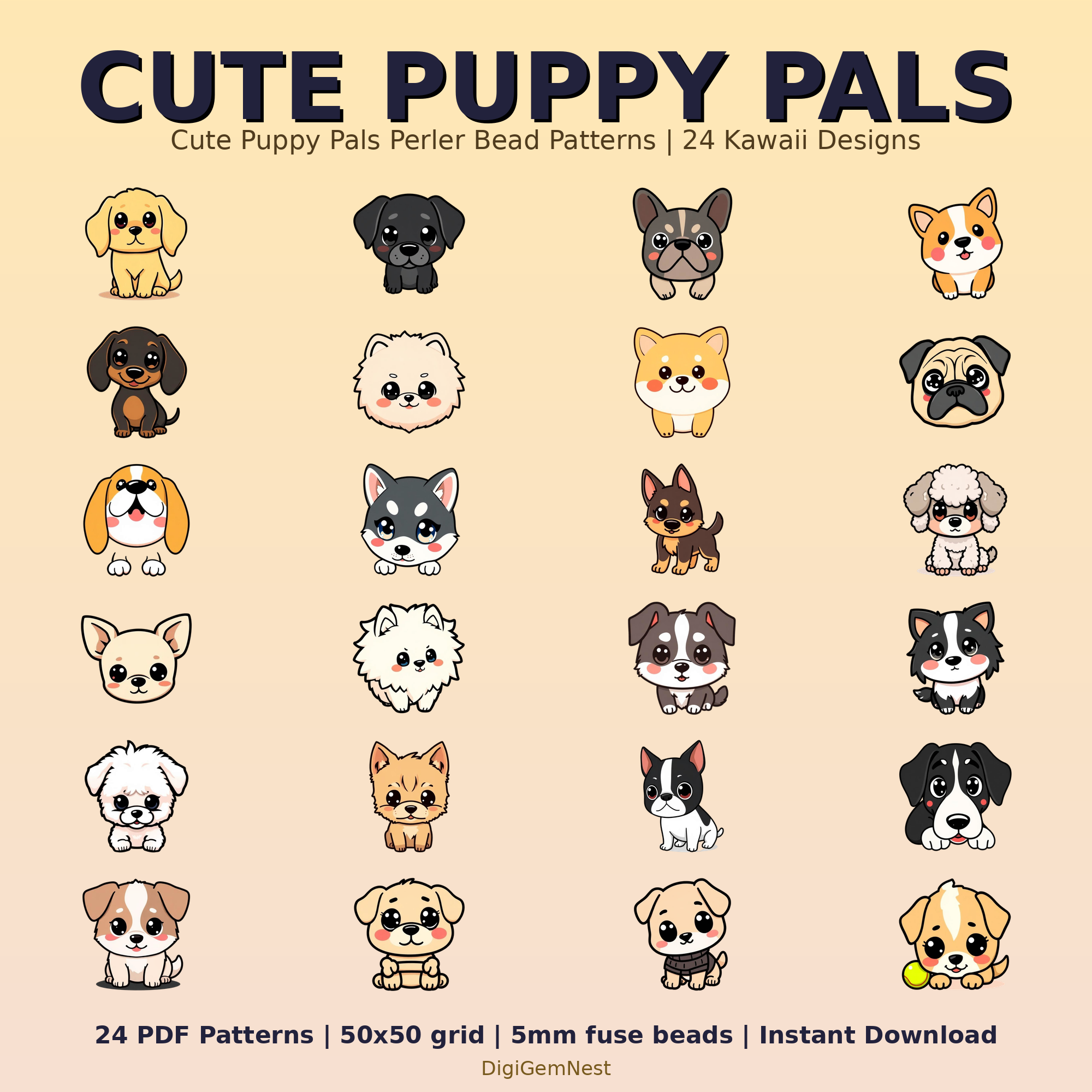 Cute Puppy Pals Perler Bead Pattern Bundle | 24 Designs | Hama Bead Compatible | PDF Digital Download