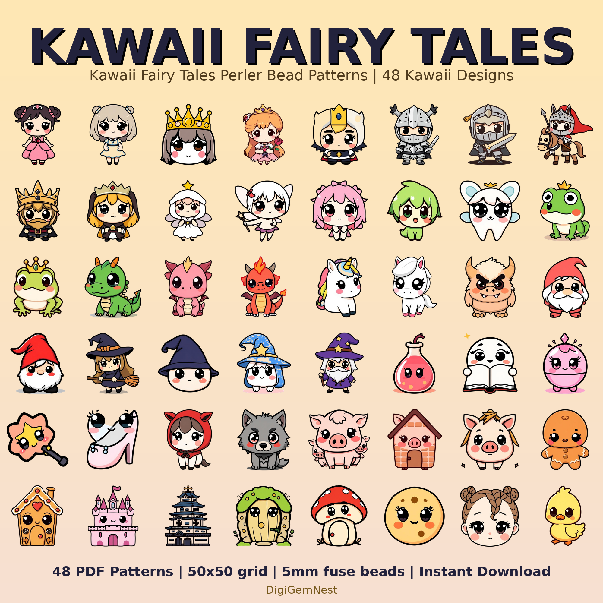 Kawaii Fairy Tales Perler Bead Pattern Bundle | 48 Designs | Hama Bead Compatible | PDF Digital Download