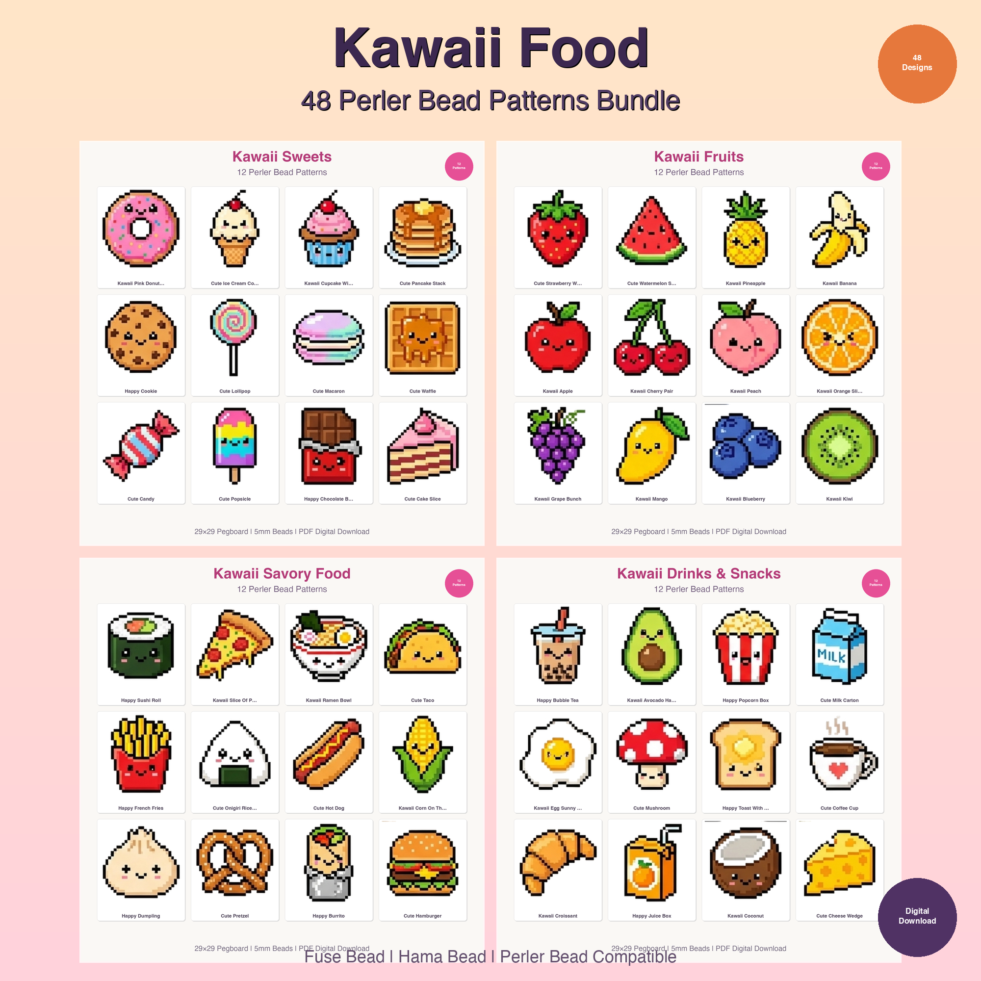 Kawaii Food Perler Bead Patterns Bundle, 48 Designs (PDF Digital Download)