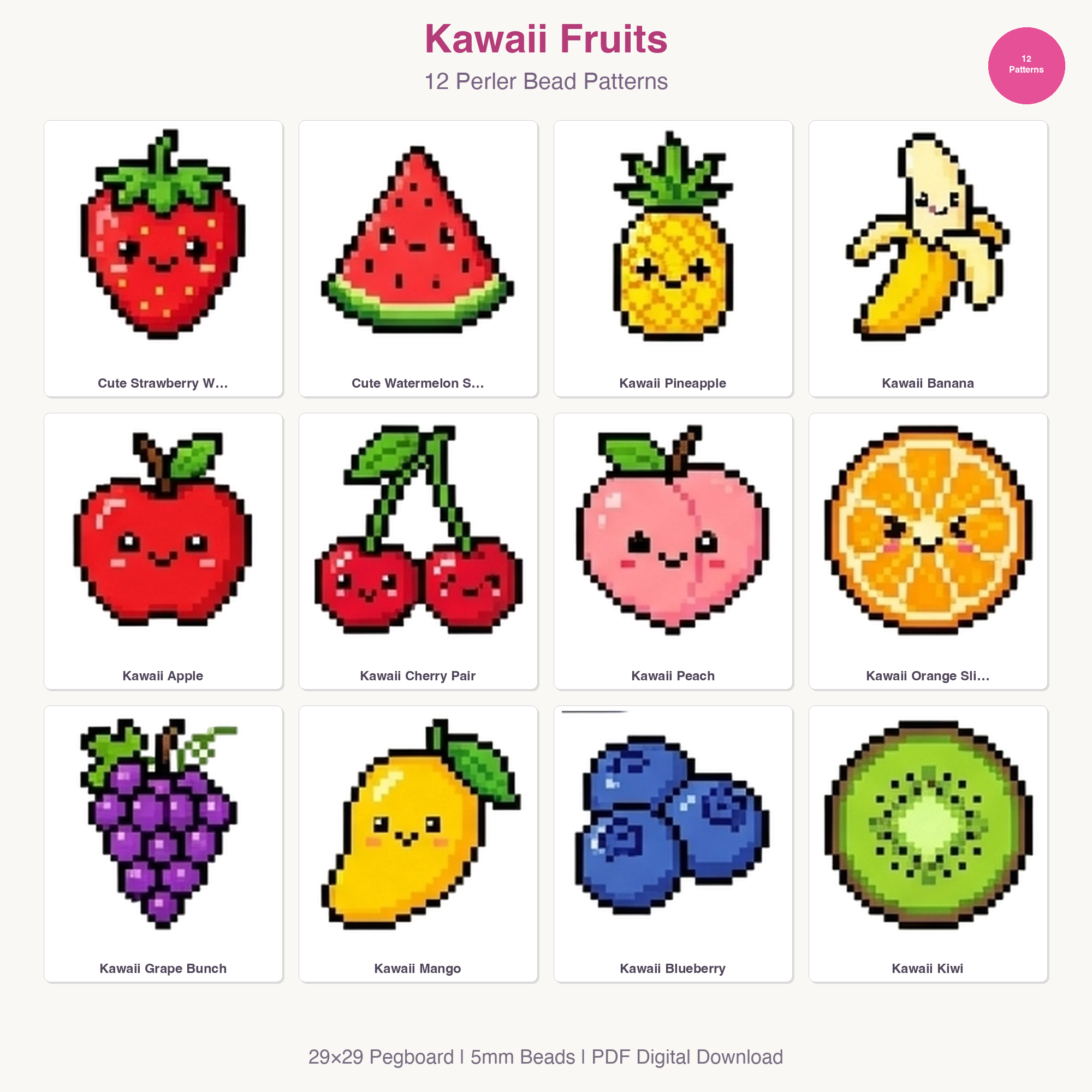 Kawaii Fruits Perler Bead Patterns Bundle, 12 Designs (PDF Digital Download)