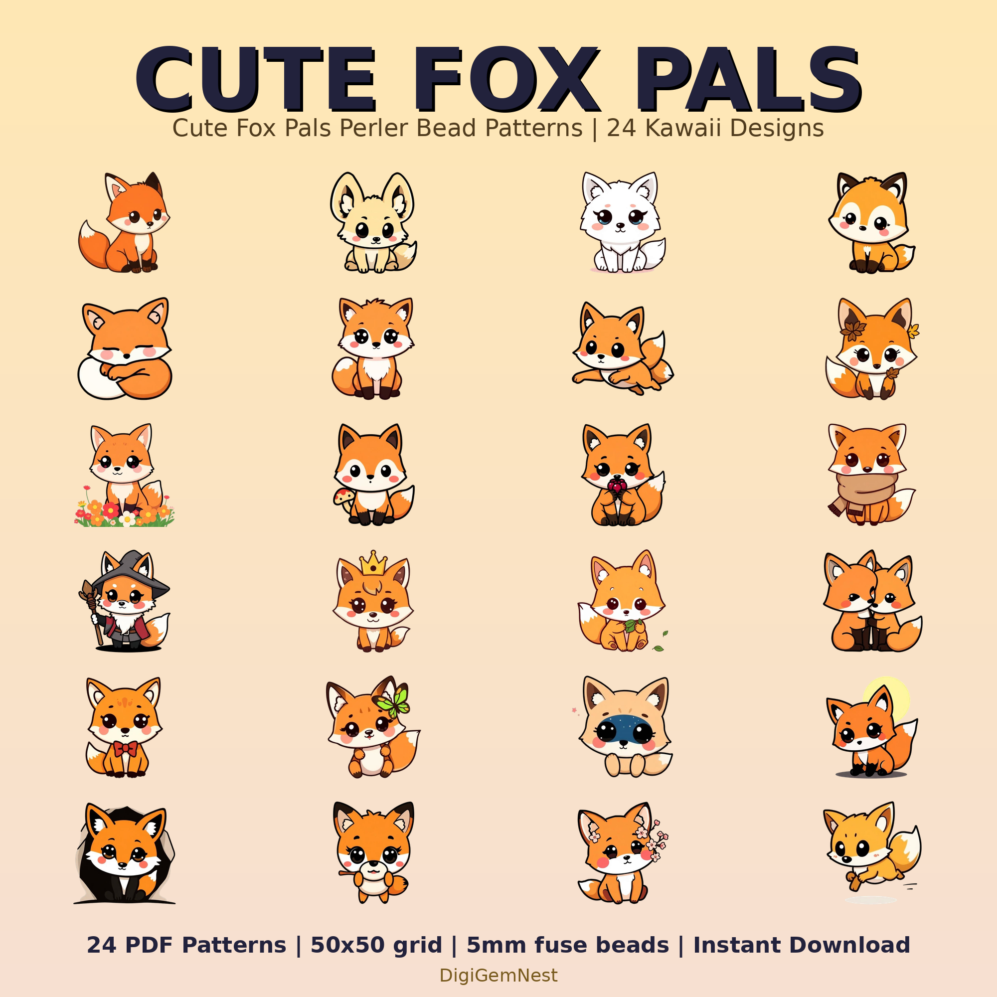 Cute Fox Pals Perler Bead Pattern Bundle | 24 Designs | Hama Bead Compatible | PDF Digital Download