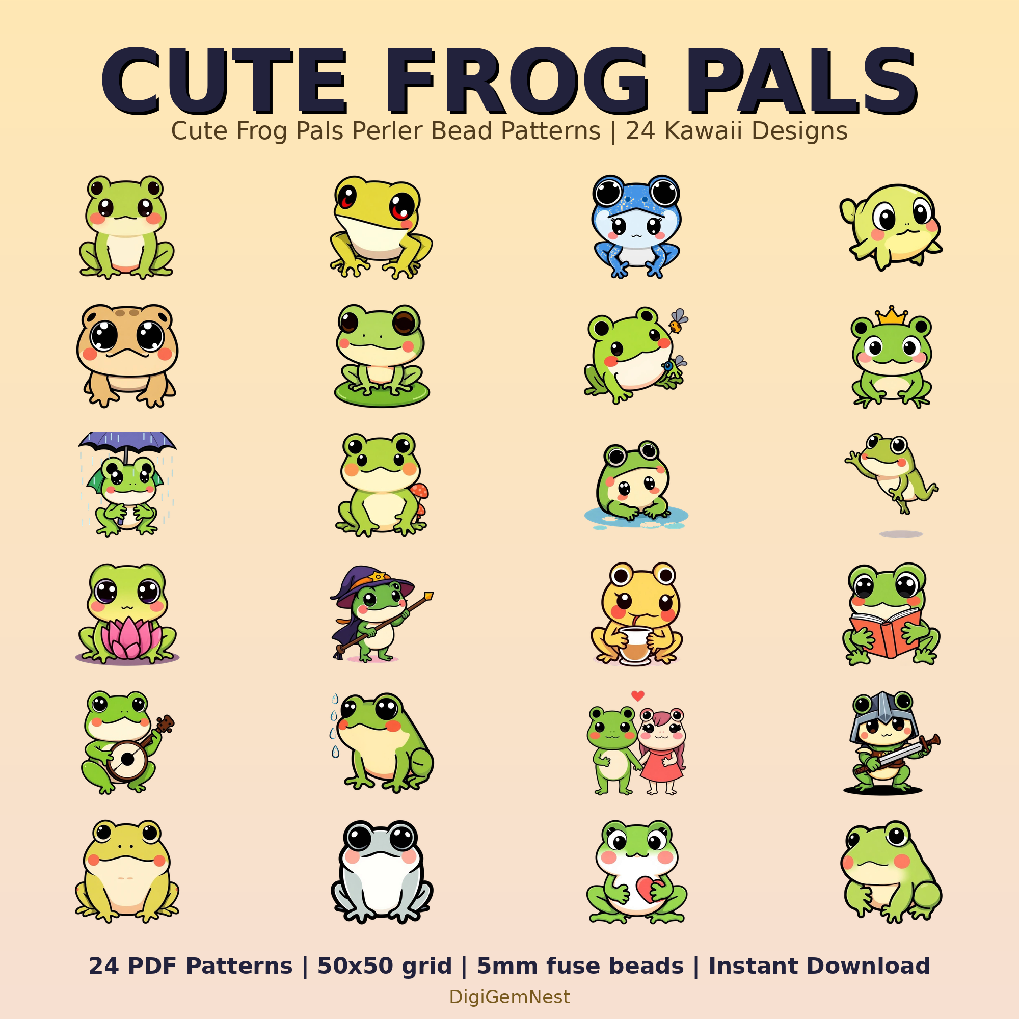 Cute Frog Pals Perler Bead Pattern Bundle | 24 Designs | Hama Bead Compatible | PDF Digital Download