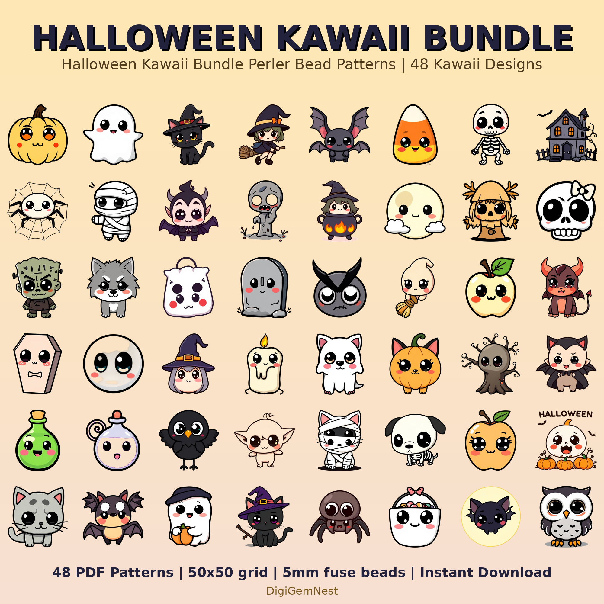 Cute Halloween Kawaii Bundle Perler Bead Pattern Bundle | 48 Designs | Hama Bead Compatible | PDF Digital Download