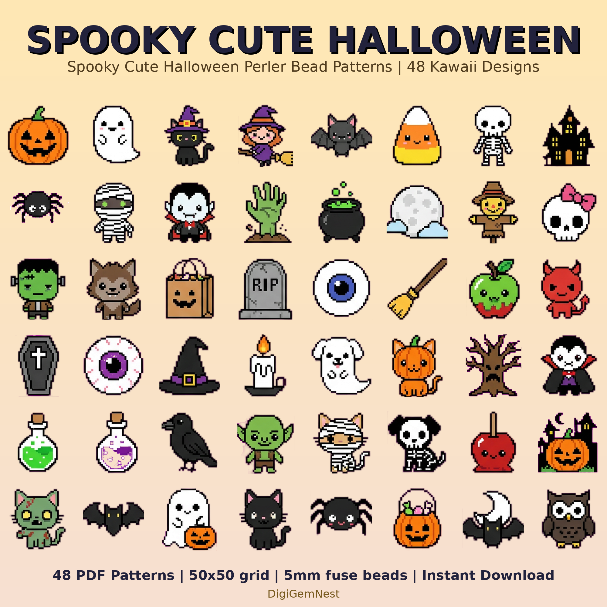 Cute Spooky Cute Halloween Perler Bead Pattern Bundle | 48 Designs | Hama Bead Compatible | PDF Digital Download